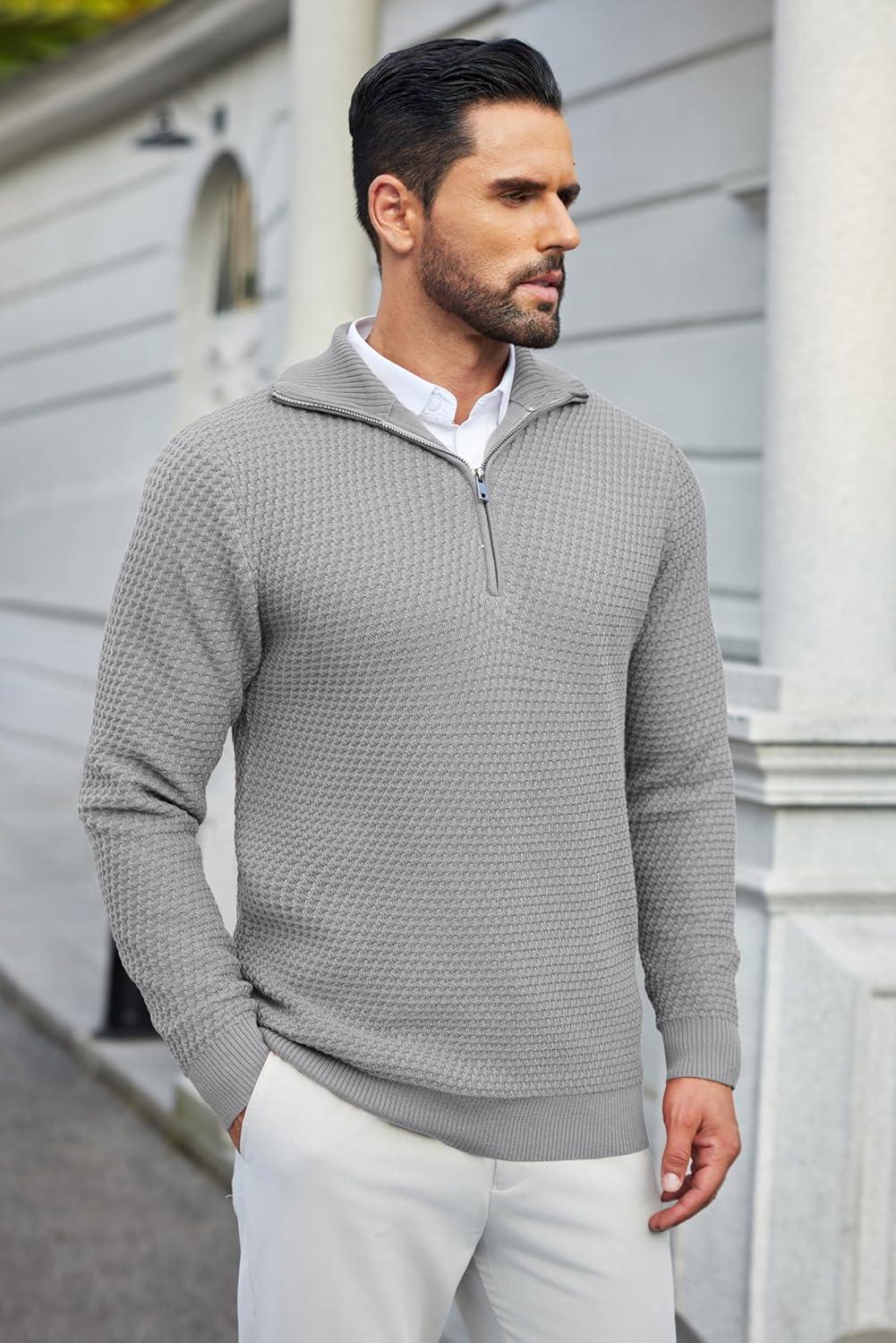 imageCOOFANDY Mens Quarter Zip Pullover Sweater Slim Fit Waffle Mock Turtleneck Polo Sweater Casual Long Sleeve SweatshirtLight Grey