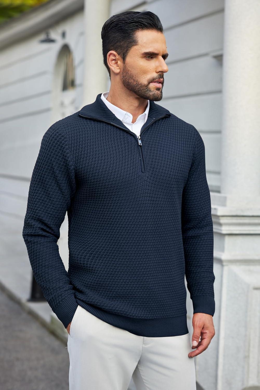imageCOOFANDY Mens Quarter Zip Pullover Sweater Slim Fit Waffle Mock Turtleneck Polo Sweater Casual Long Sleeve SweatshirtNavy Blue