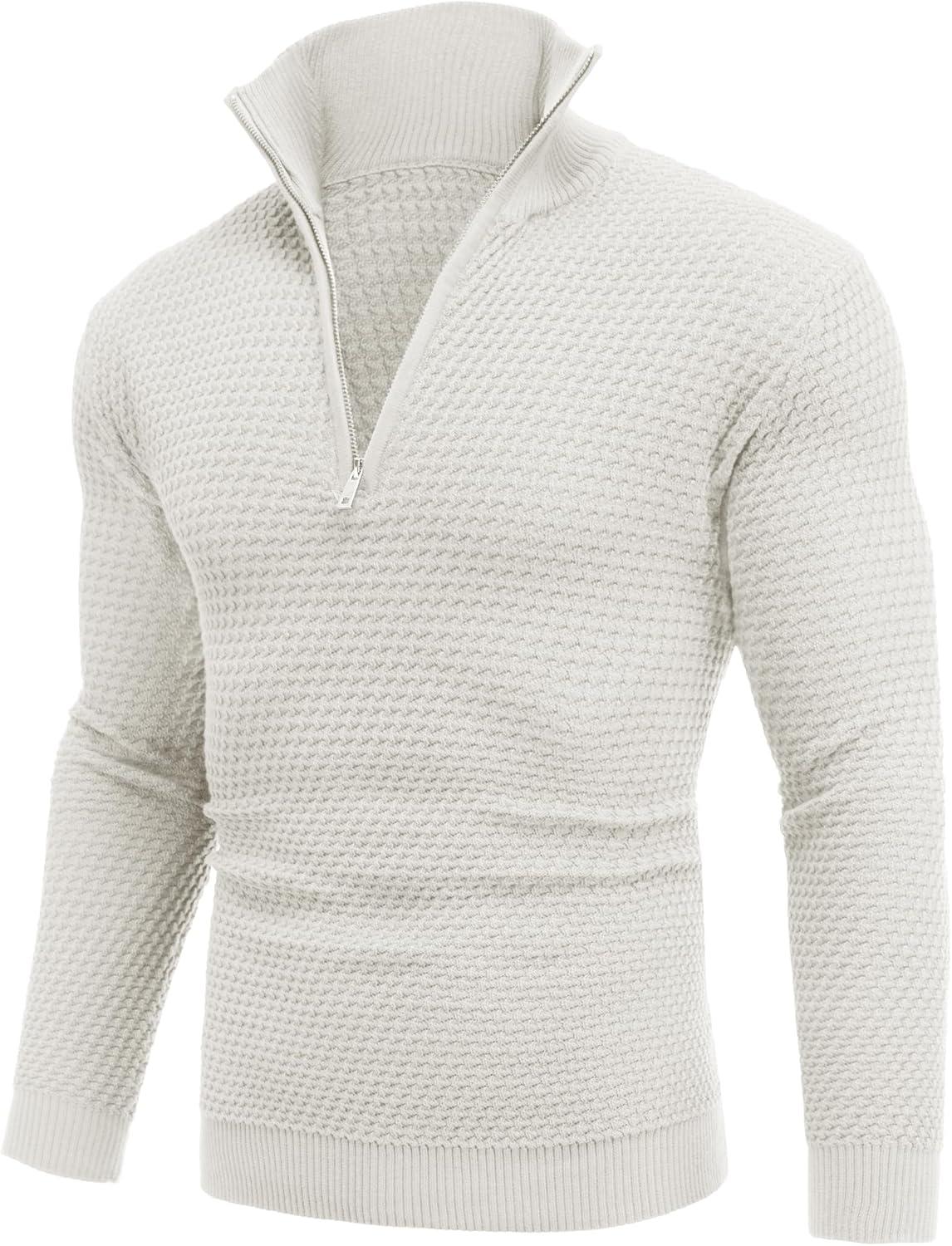 imageCOOFANDY Mens Quarter Zip Pullover Sweater Slim Fit Waffle Mock Turtleneck Polo Sweater Casual Long Sleeve SweatshirtWhite