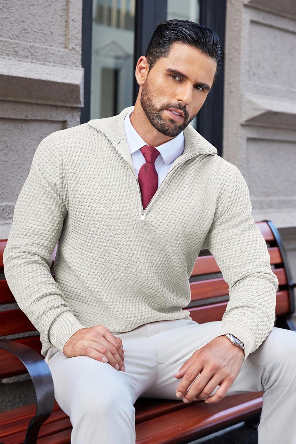 imageCOOFANDY Mens Quarter Zip Pullover Sweater Slim Fit Waffle Mock Turtleneck Polo Sweater Casual Long Sleeve SweatshirtWhite
