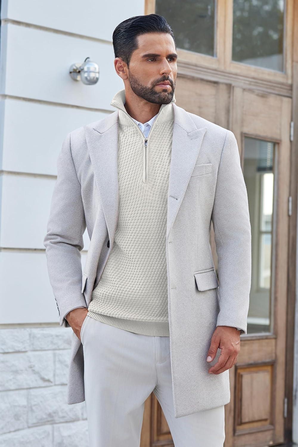 imageCOOFANDY Mens Quarter Zip Pullover Sweater Slim Fit Waffle Mock Turtleneck Polo Sweater Casual Long Sleeve SweatshirtWhite