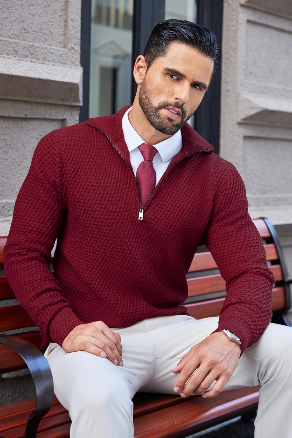 imageCOOFANDY Mens Quarter Zip Pullover Sweater Slim Fit Waffle Mock Turtleneck Polo Sweater Casual Long Sleeve SweatshirtWine Red