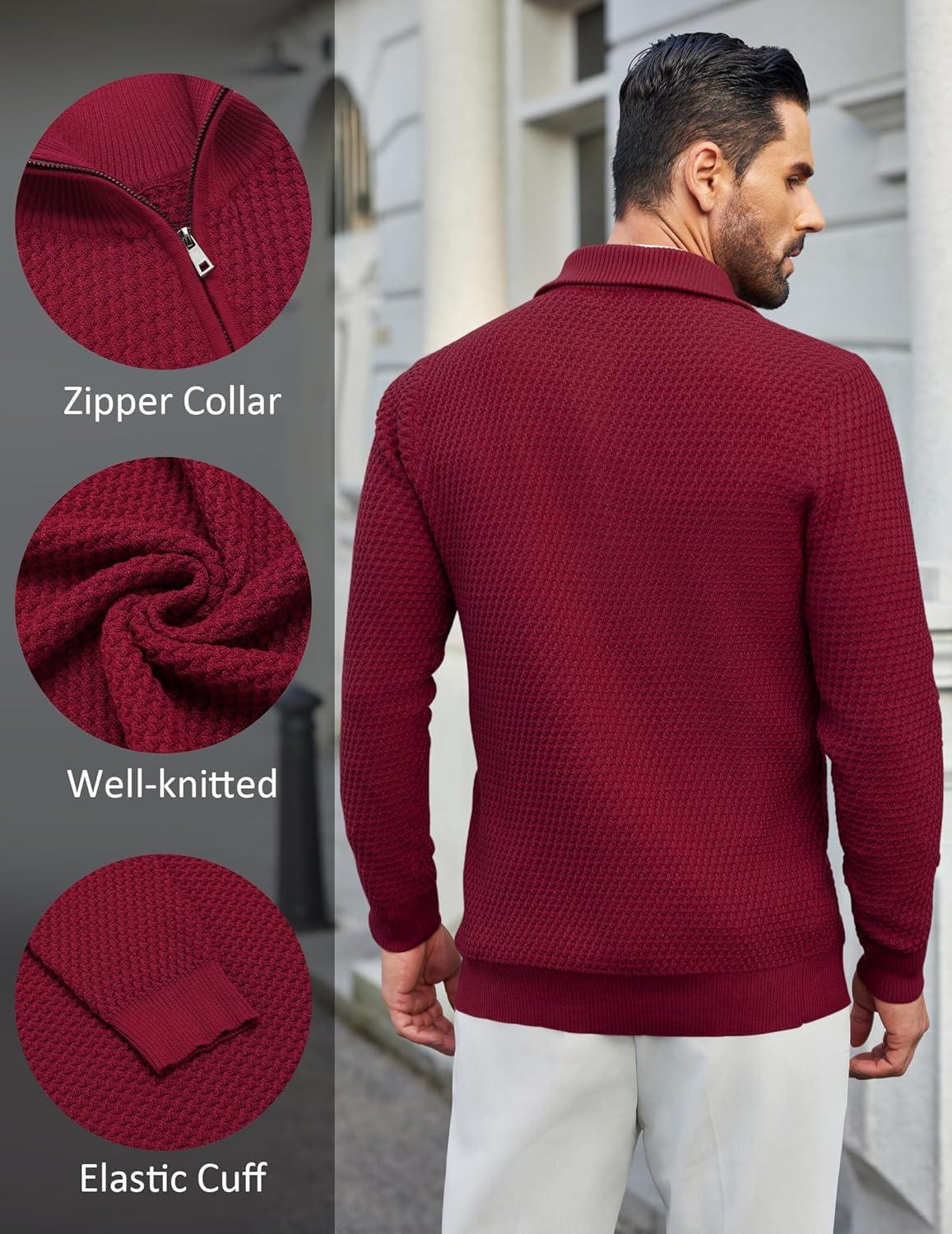 imageCOOFANDY Mens Quarter Zip Pullover Sweater Slim Fit Waffle Mock Turtleneck Polo Sweater Casual Long Sleeve SweatshirtWine Red