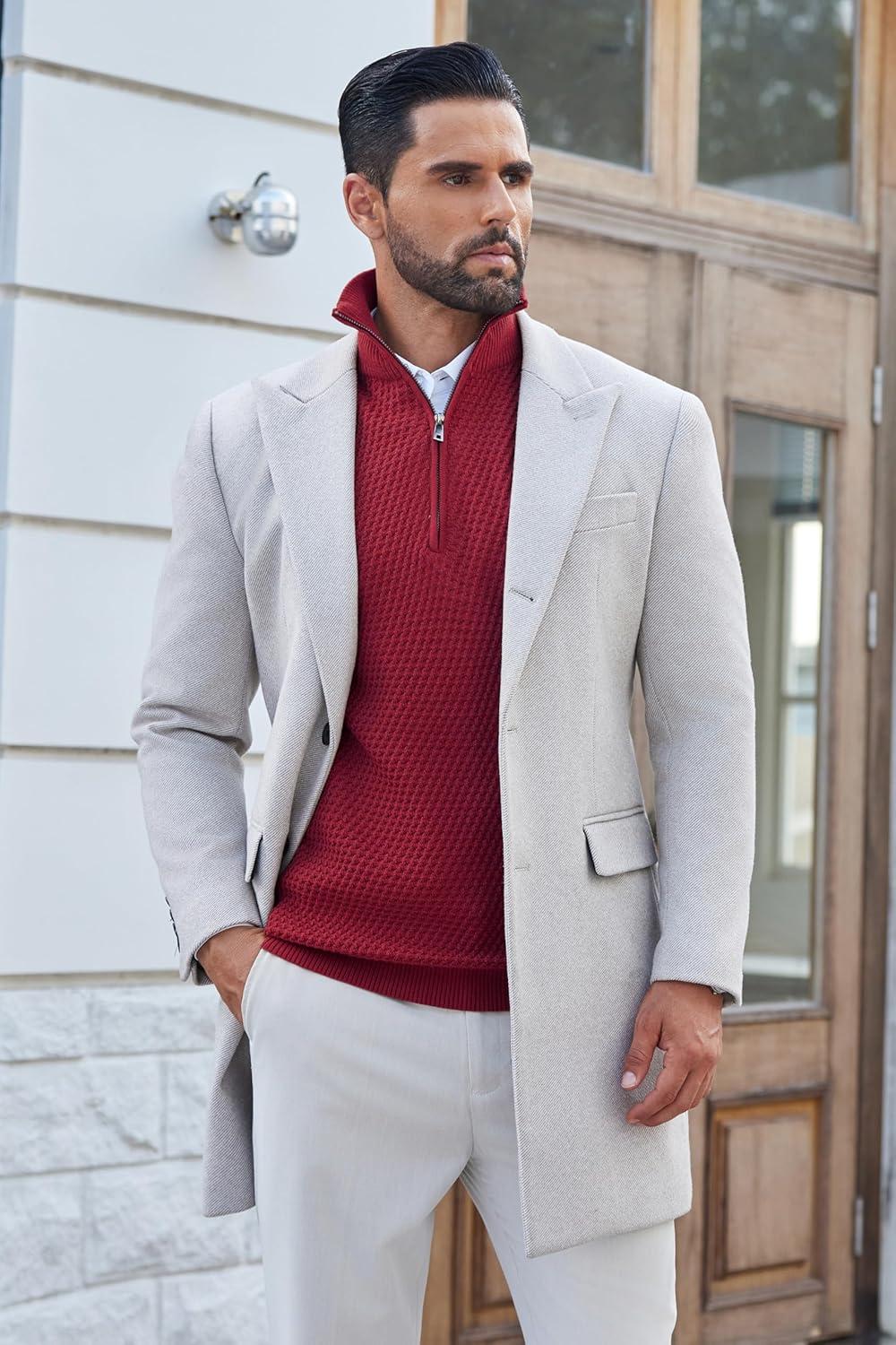imageCOOFANDY Mens Quarter Zip Pullover Sweater Slim Fit Waffle Mock Turtleneck Polo Sweater Casual Long Sleeve SweatshirtWine Red