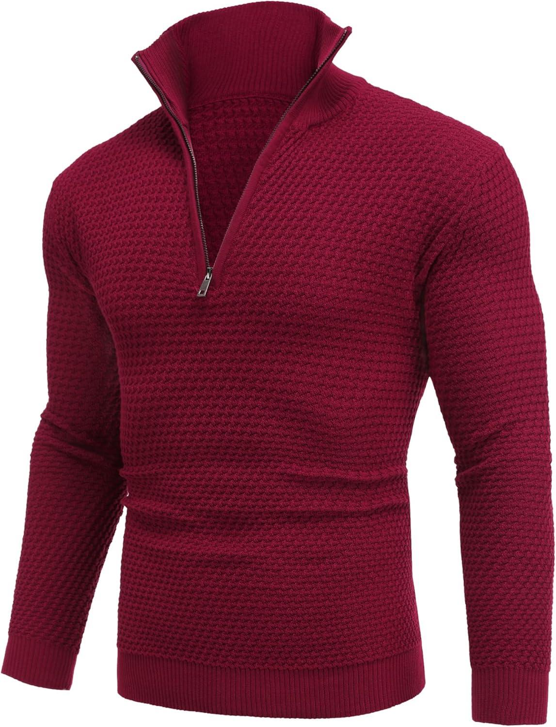 imageCOOFANDY Mens Quarter Zip Pullover Sweater Slim Fit Waffle Mock Turtleneck Polo Sweater Casual Long Sleeve SweatshirtWine Red