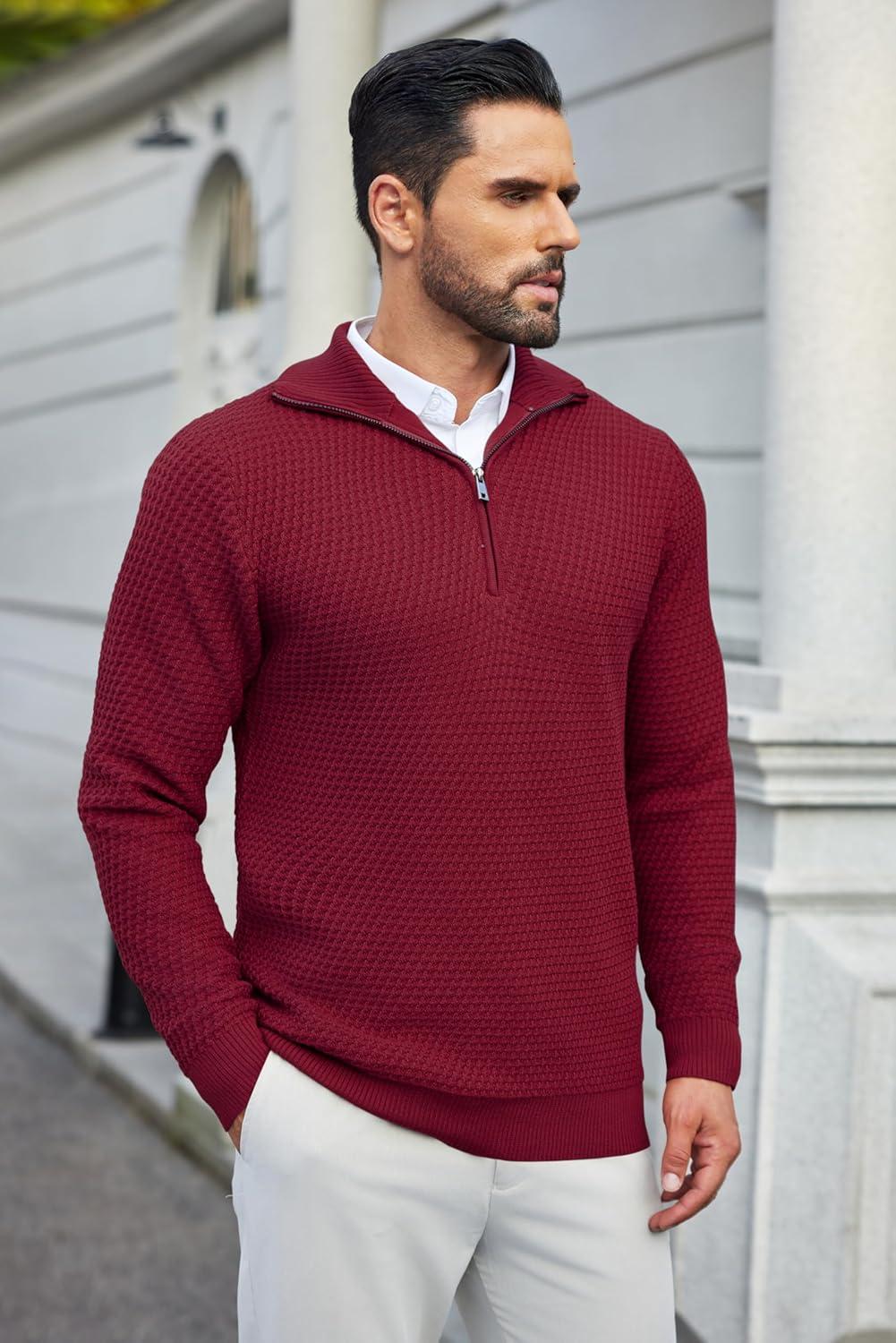 imageCOOFANDY Mens Quarter Zip Pullover Sweater Slim Fit Waffle Mock Turtleneck Polo Sweater Casual Long Sleeve SweatshirtWine Red