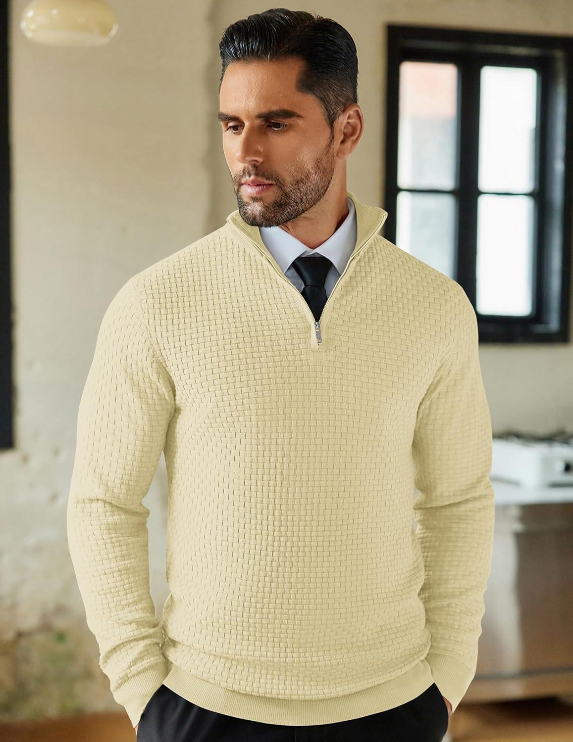 imageCOOFANDY Mens Quarter Zip Sweaters Slim Fit Lightweight Knitted Mock Neck Pullover Casual Polo SweatersBeige