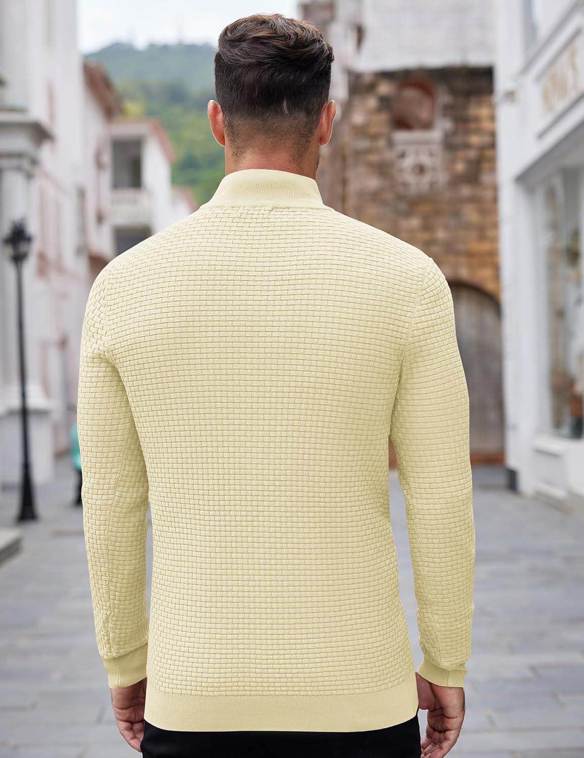 imageCOOFANDY Mens Quarter Zip Sweaters Slim Fit Lightweight Knitted Mock Neck Pullover Casual Polo SweatersBeige