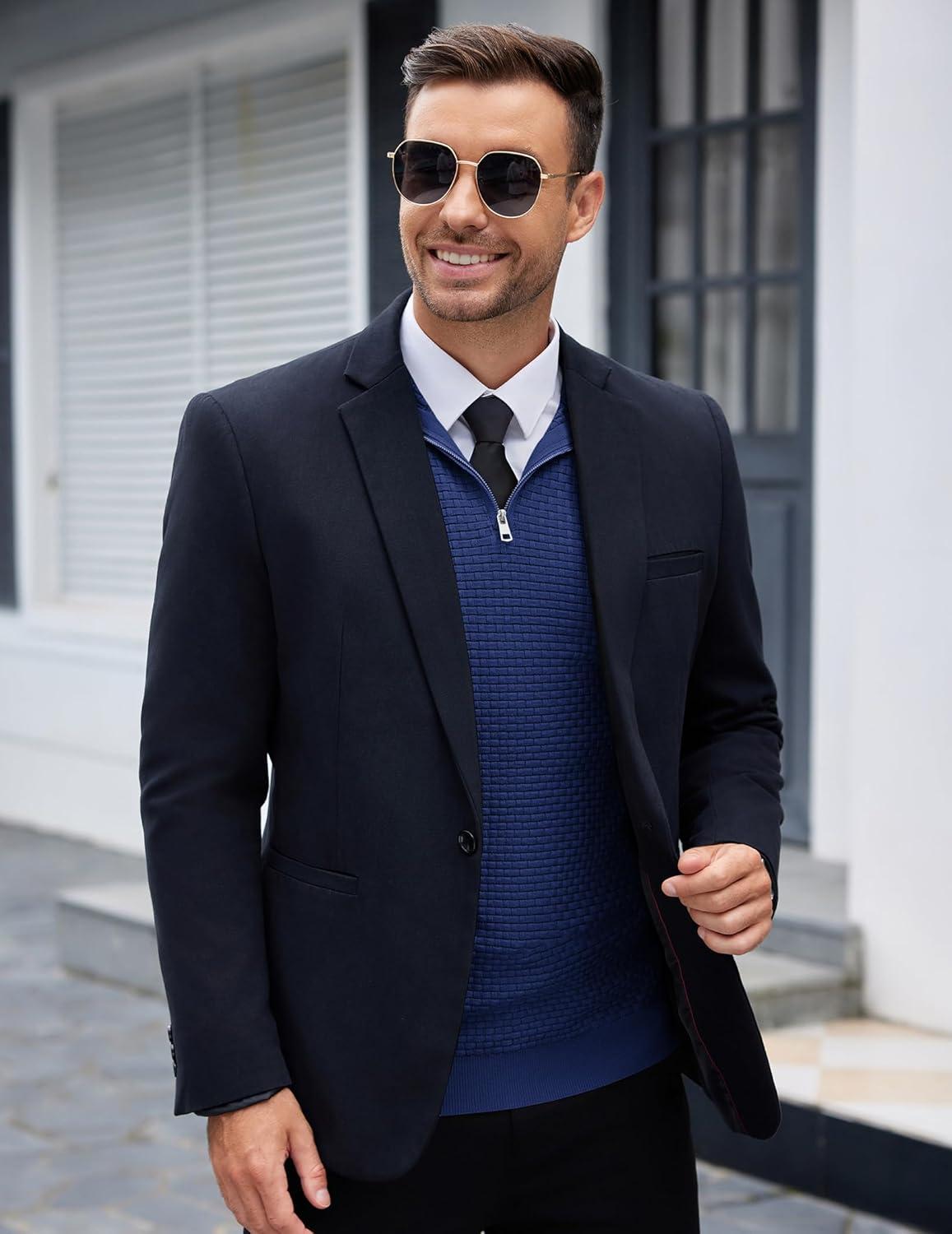 imageCOOFANDY Mens Quarter Zip Sweaters Slim Fit Lightweight Knitted Mock Neck Pullover Casual Polo SweatersDark Blue