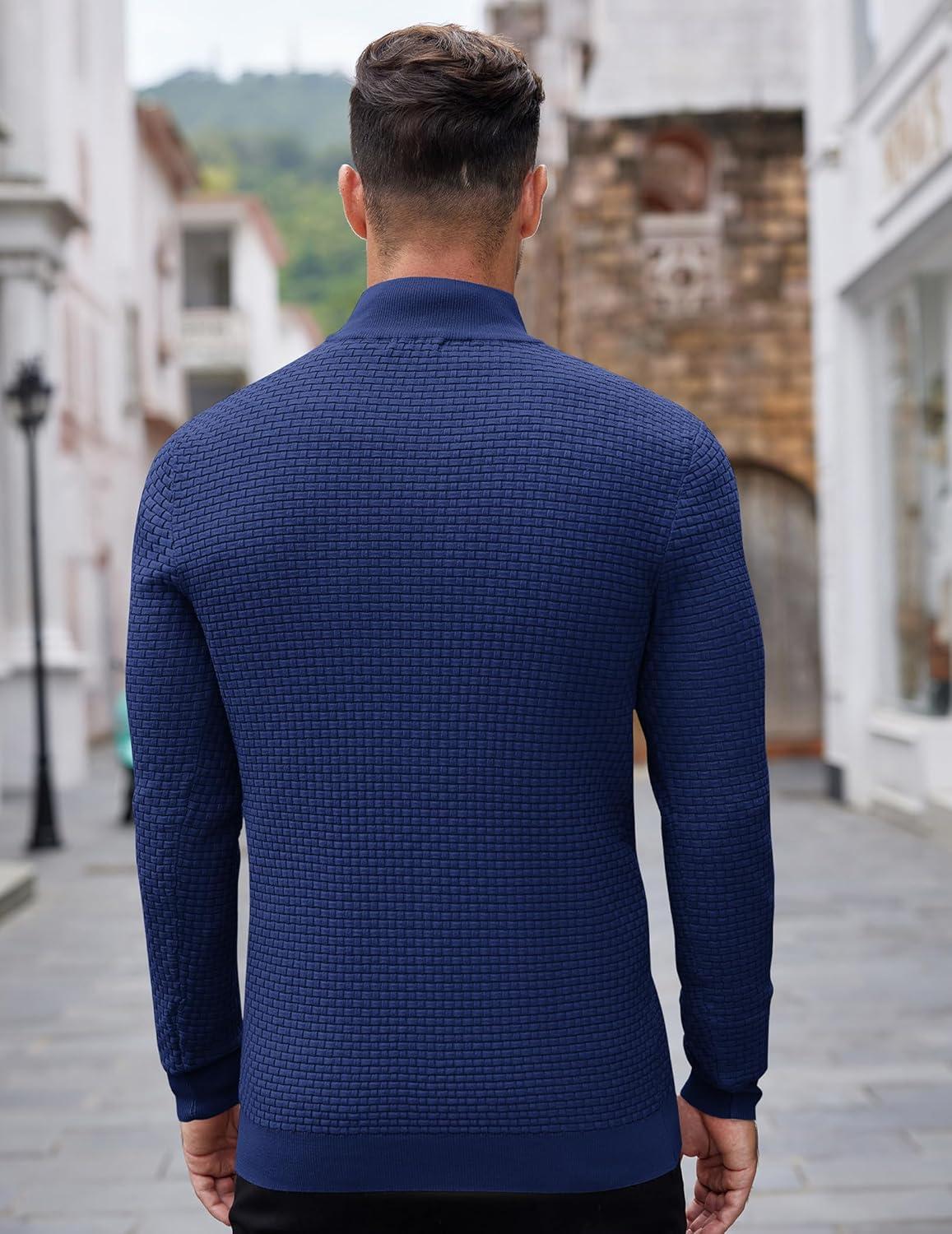 imageCOOFANDY Mens Quarter Zip Sweaters Slim Fit Lightweight Knitted Mock Neck Pullover Casual Polo SweatersDark Blue