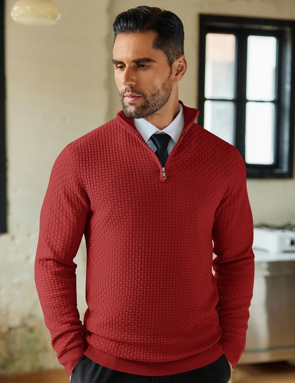 imageCOOFANDY Mens Quarter Zip Sweaters Slim Fit Lightweight Knitted Mock Neck Pullover Casual Polo SweatersDeep Red