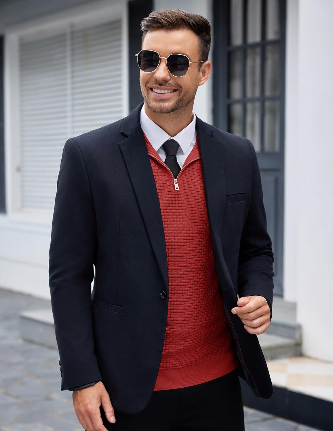 imageCOOFANDY Mens Quarter Zip Sweaters Slim Fit Lightweight Knitted Mock Neck Pullover Casual Polo SweatersDeep Red