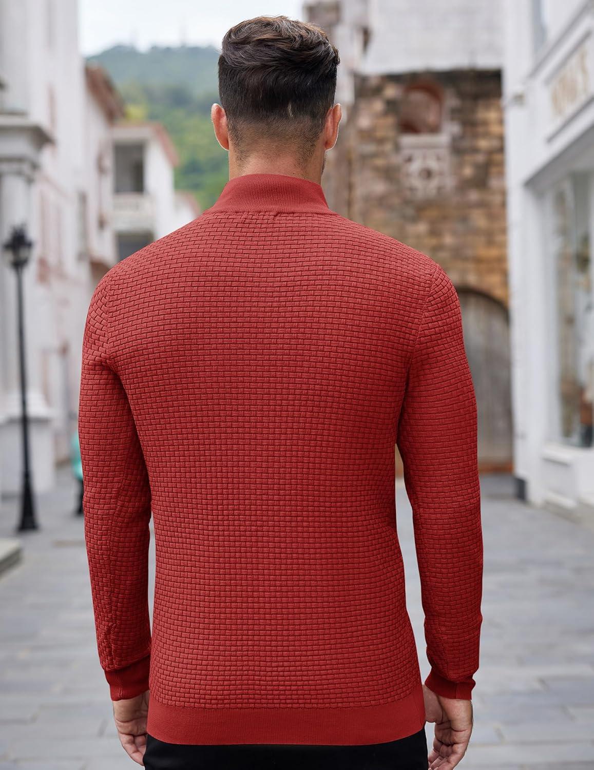 imageCOOFANDY Mens Quarter Zip Sweaters Slim Fit Lightweight Knitted Mock Neck Pullover Casual Polo SweatersDeep Red