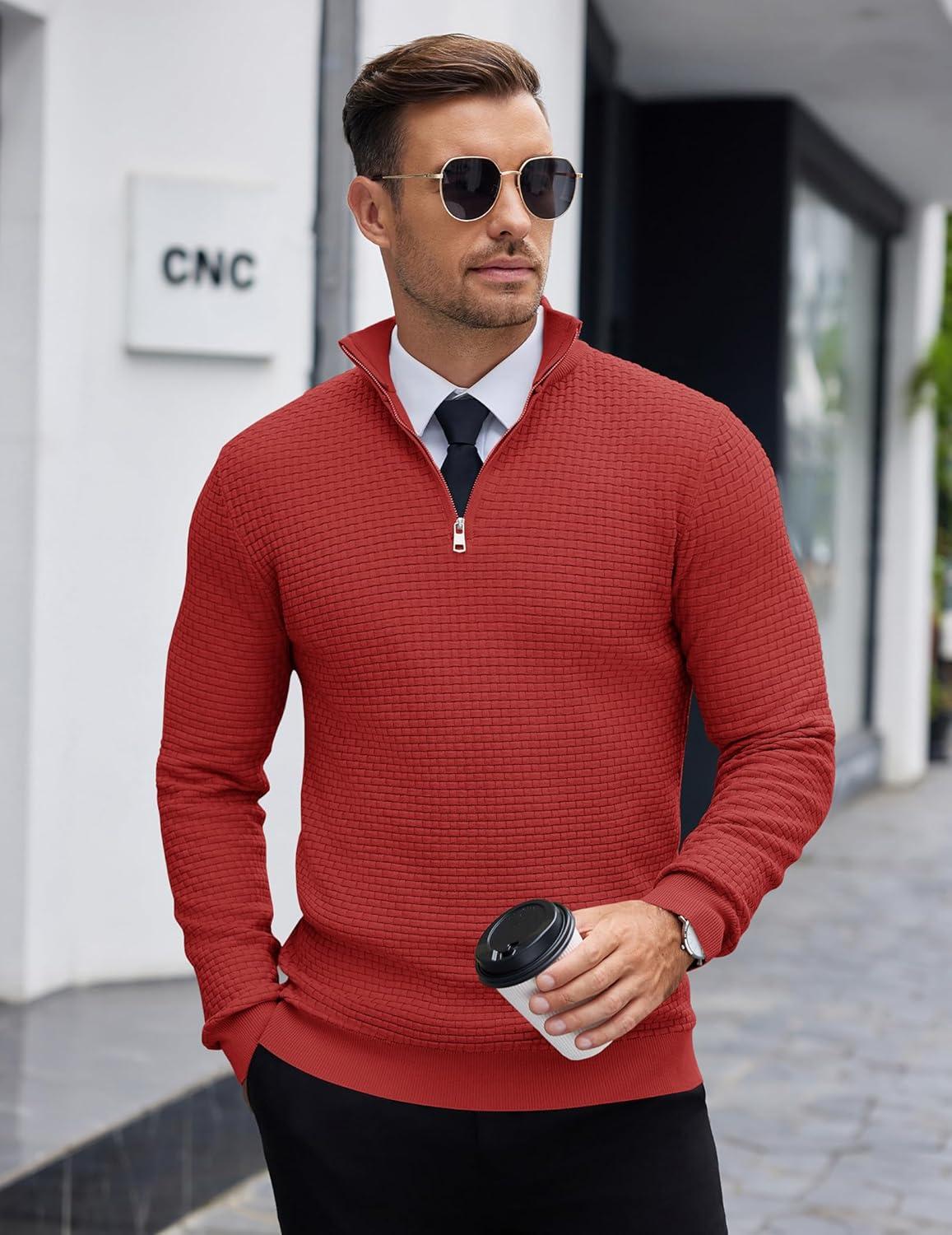 imageCOOFANDY Mens Quarter Zip Sweaters Slim Fit Lightweight Knitted Mock Neck Pullover Casual Polo SweatersDeep Red