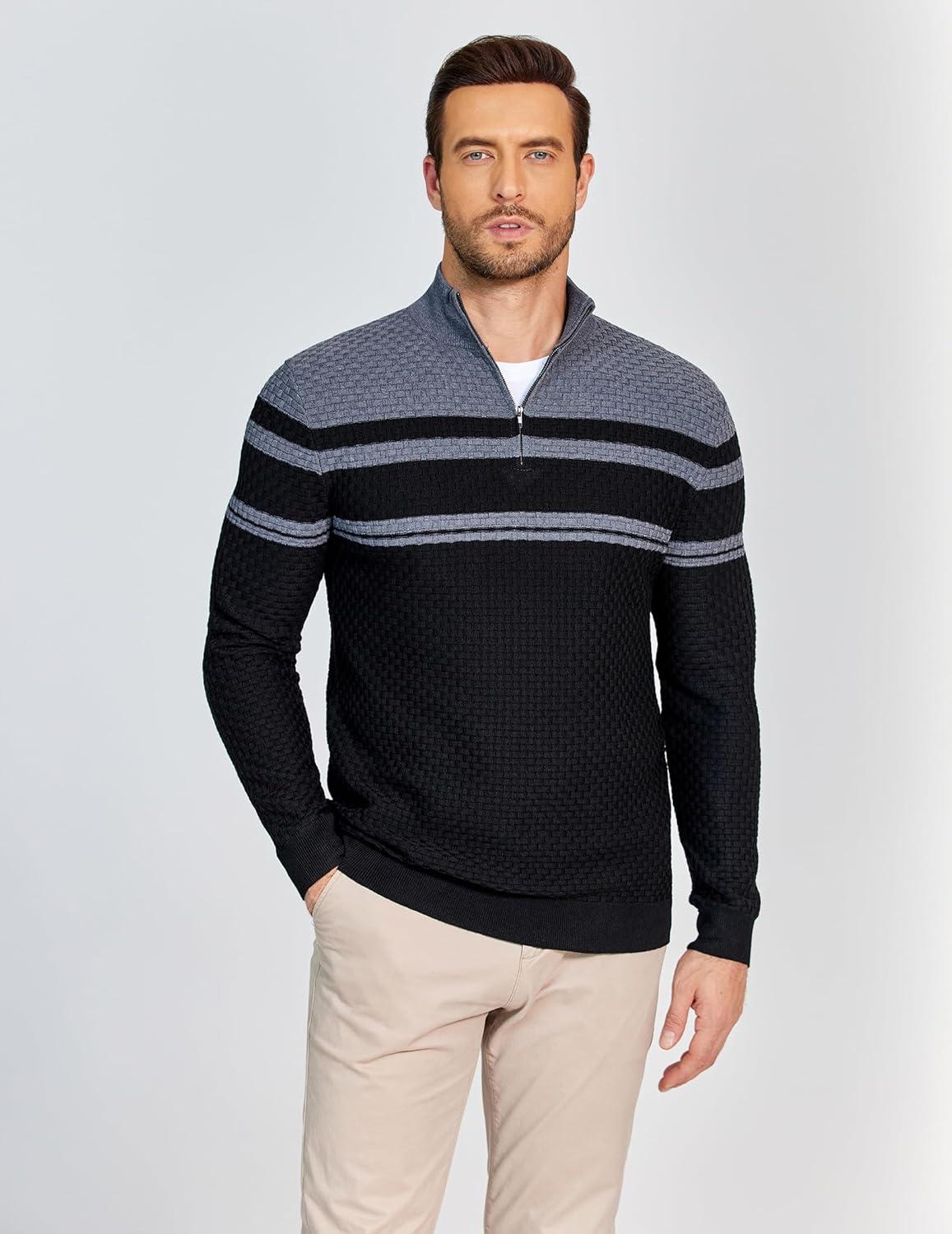imageCOOFANDY Mens Quarter Zip Sweaters Slim Fit Lightweight Knitted Mock Neck Pullover Casual Polo SweatersGray StripesBlack Background