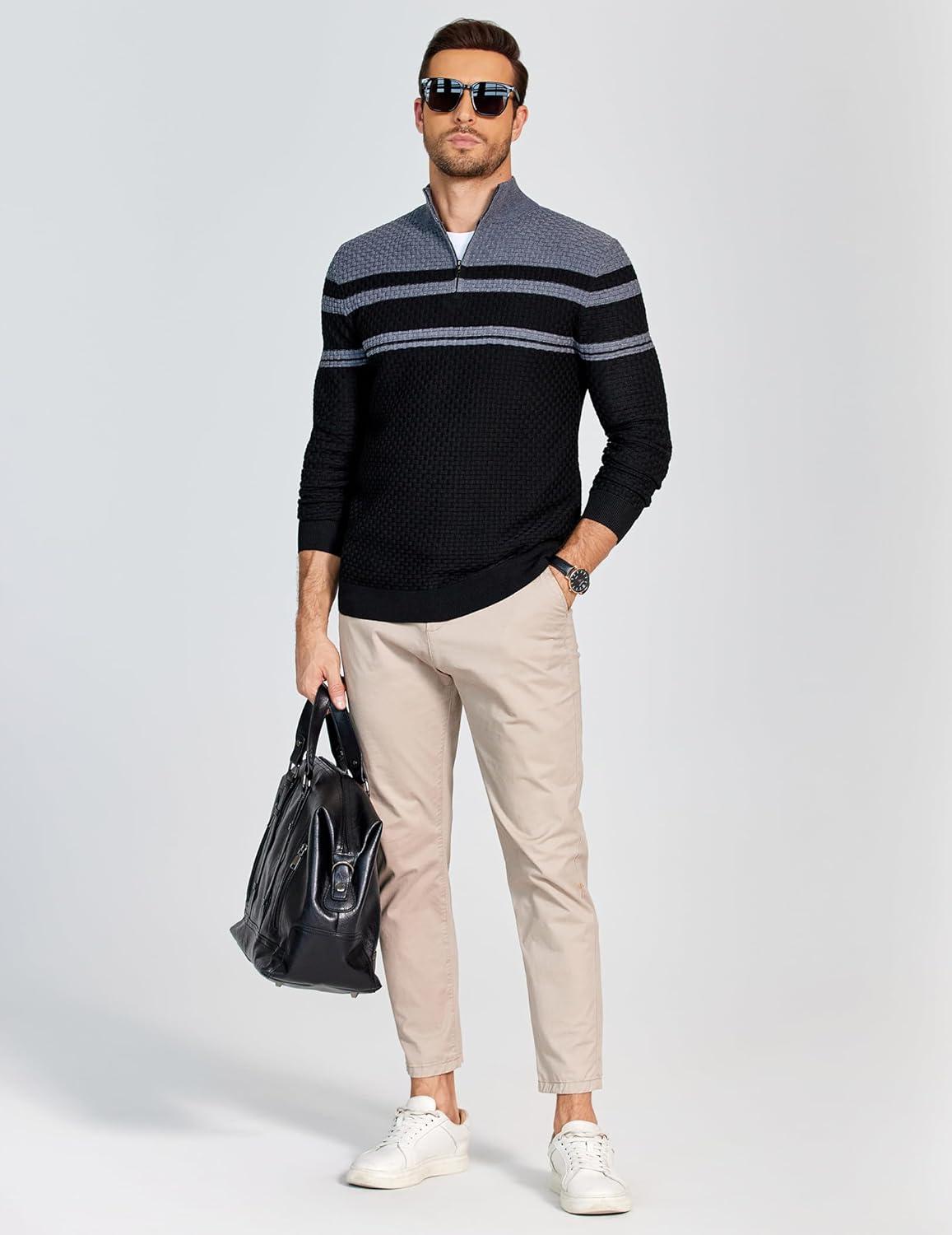 imageCOOFANDY Mens Quarter Zip Sweaters Slim Fit Lightweight Knitted Mock Neck Pullover Casual Polo SweatersGray StripesBlack Background