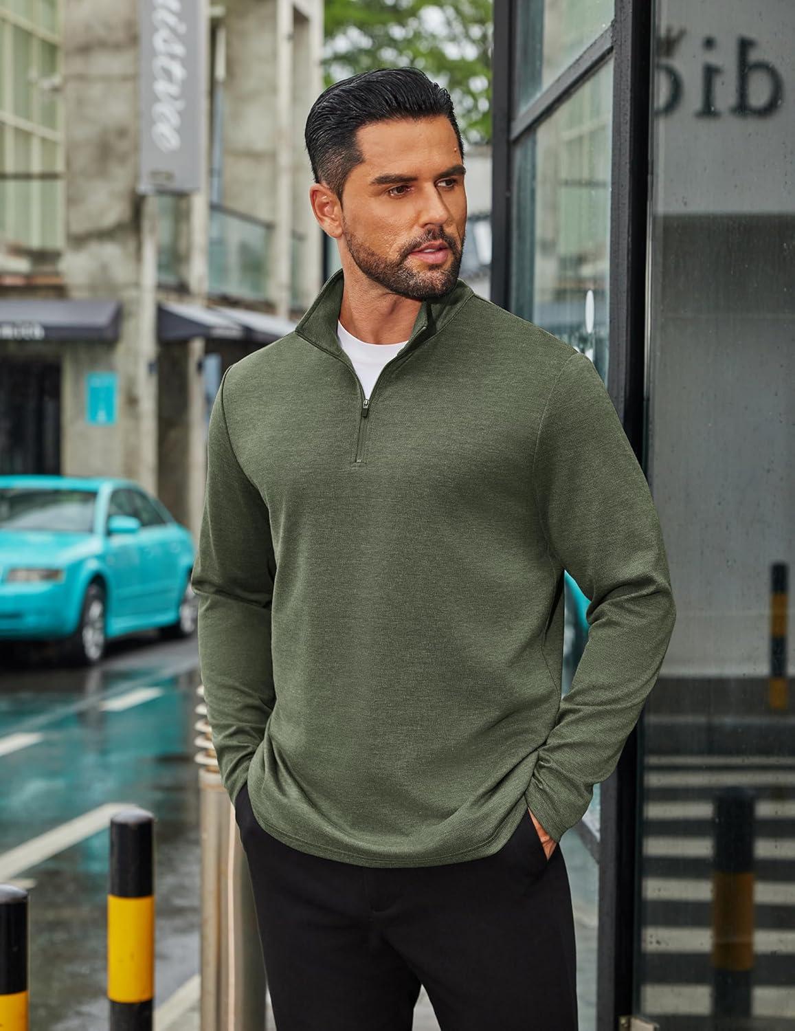 imageCOOFANDY Mens Quarter Zip Up Pullover Long Sleeve Sweatshirt Mock Neck Golf Polo SweaterArmy Green