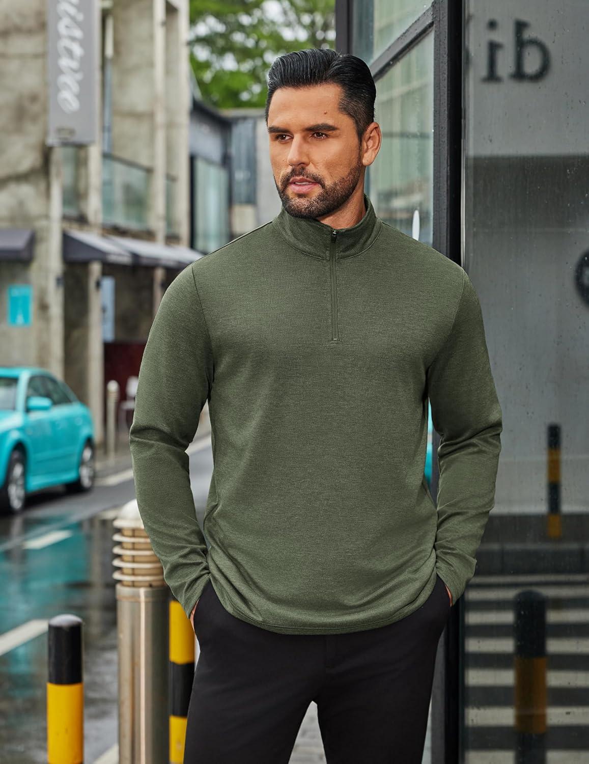 imageCOOFANDY Mens Quarter Zip Up Pullover Long Sleeve Sweatshirt Mock Neck Golf Polo SweaterArmy Green