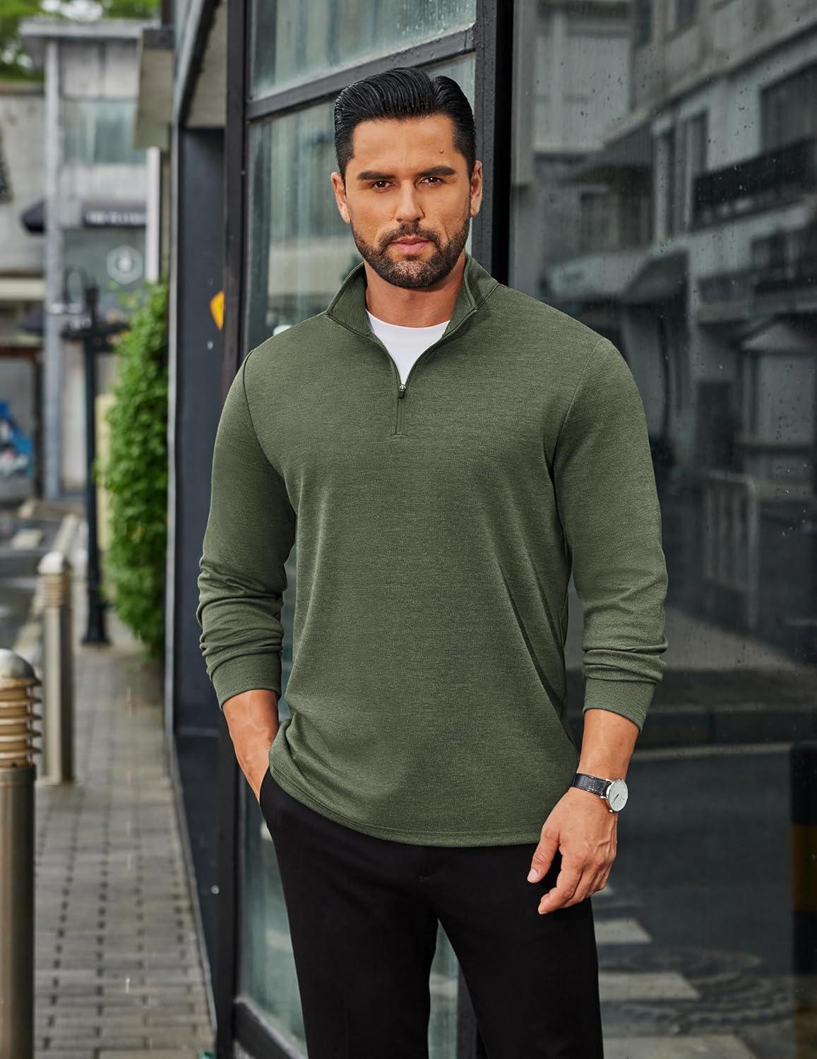 imageCOOFANDY Mens Quarter Zip Up Pullover Long Sleeve Sweatshirt Mock Neck Golf Polo SweaterArmy Green