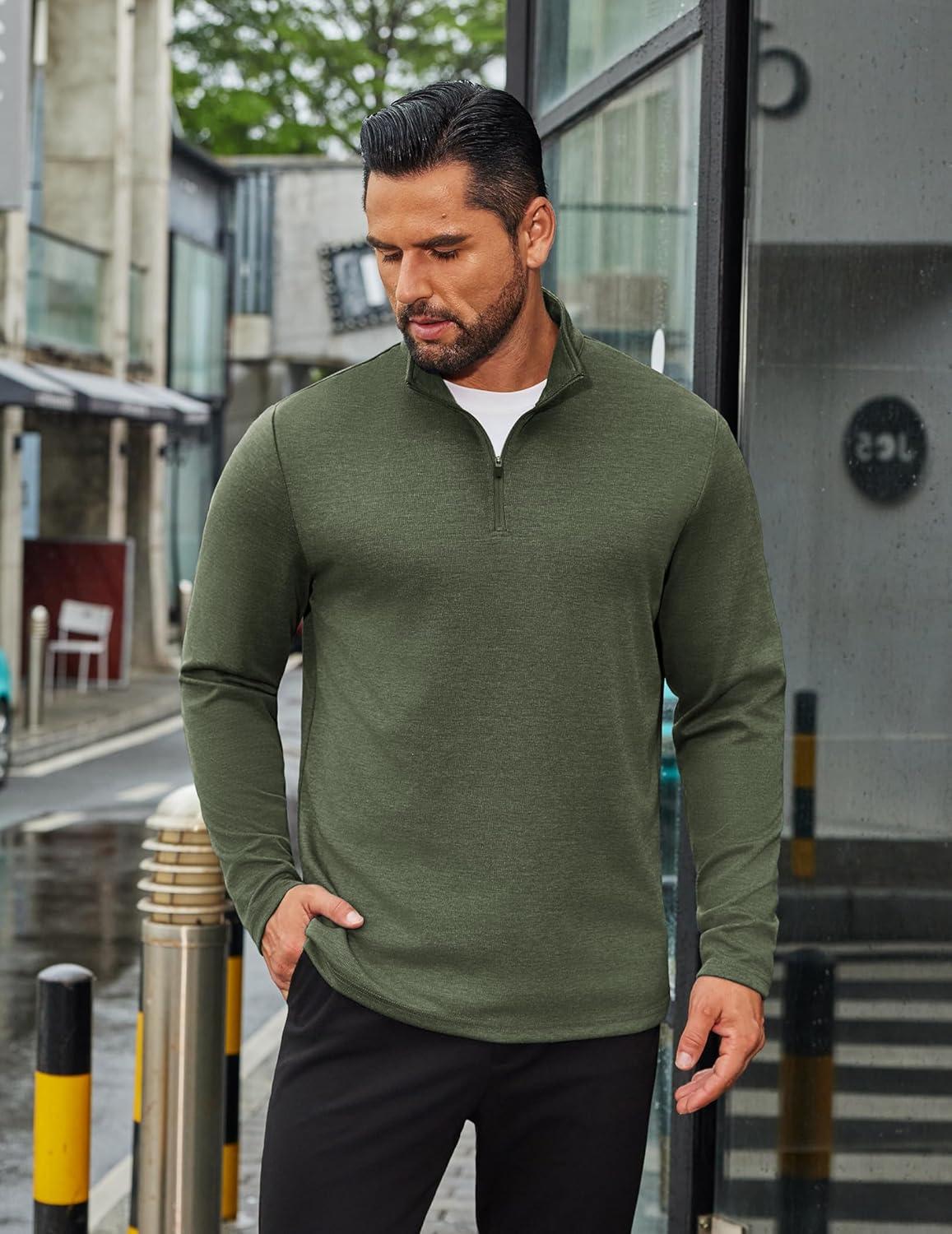 imageCOOFANDY Mens Quarter Zip Up Pullover Long Sleeve Sweatshirt Mock Neck Golf Polo SweaterArmy Green