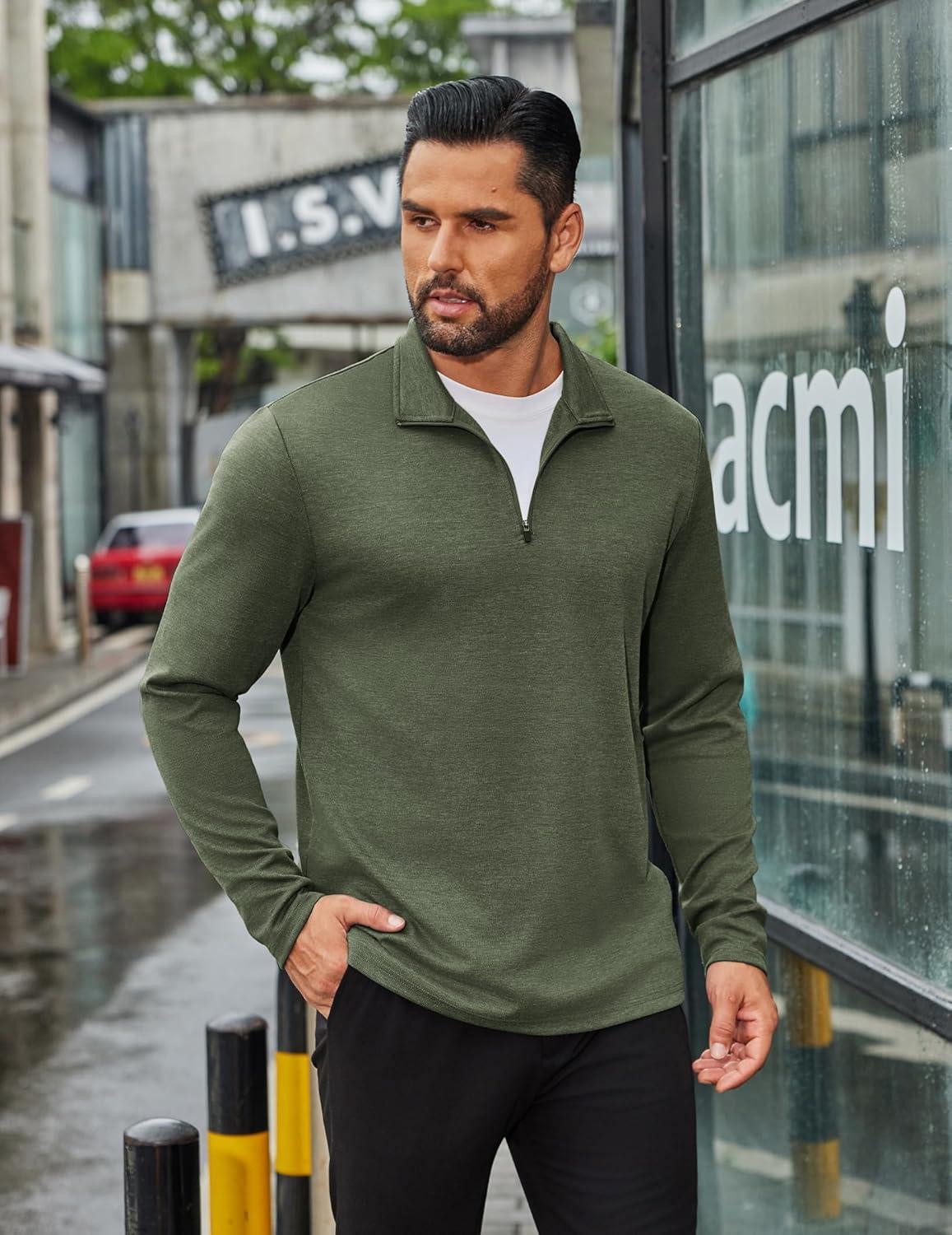 imageCOOFANDY Mens Quarter Zip Up Pullover Long Sleeve Sweatshirt Mock Neck Golf Polo SweaterArmy Green