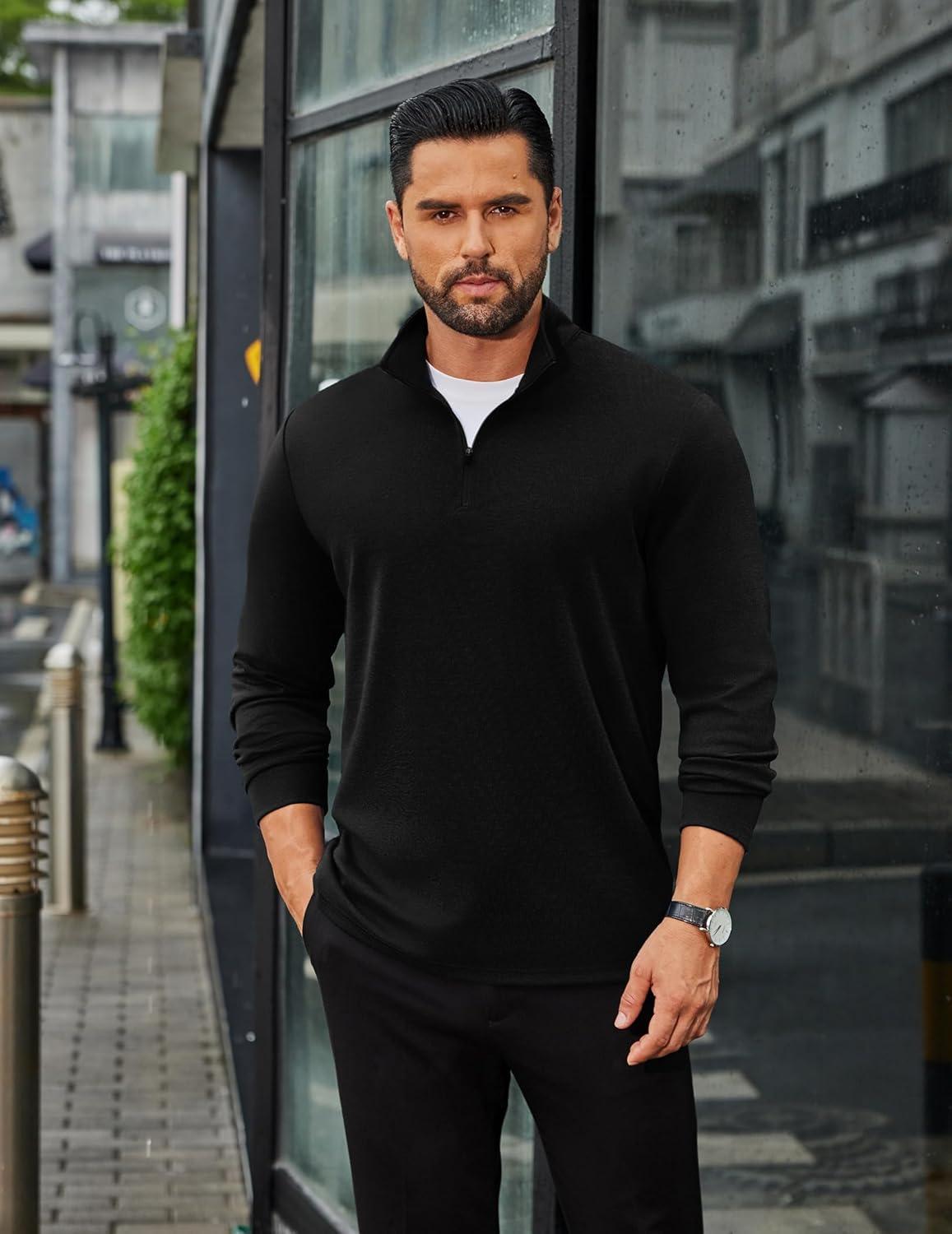 imageCOOFANDY Mens Quarter Zip Up Pullover Long Sleeve Sweatshirt Mock Neck Golf Polo SweaterBlack