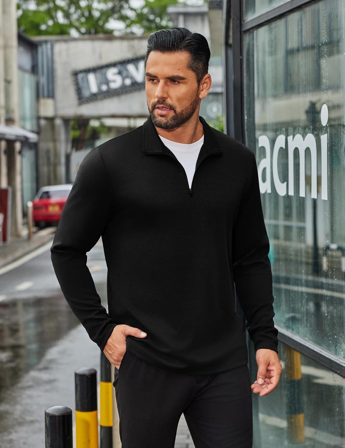 imageCOOFANDY Mens Quarter Zip Up Pullover Long Sleeve Sweatshirt Mock Neck Golf Polo SweaterBlack