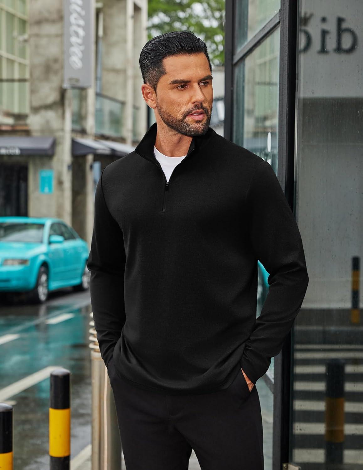 imageCOOFANDY Mens Quarter Zip Up Pullover Long Sleeve Sweatshirt Mock Neck Golf Polo SweaterBlack