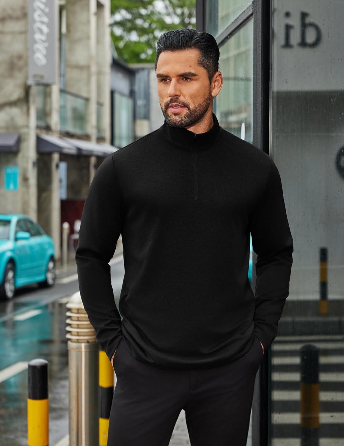 imageCOOFANDY Mens Quarter Zip Up Pullover Long Sleeve Sweatshirt Mock Neck Golf Polo SweaterBlack