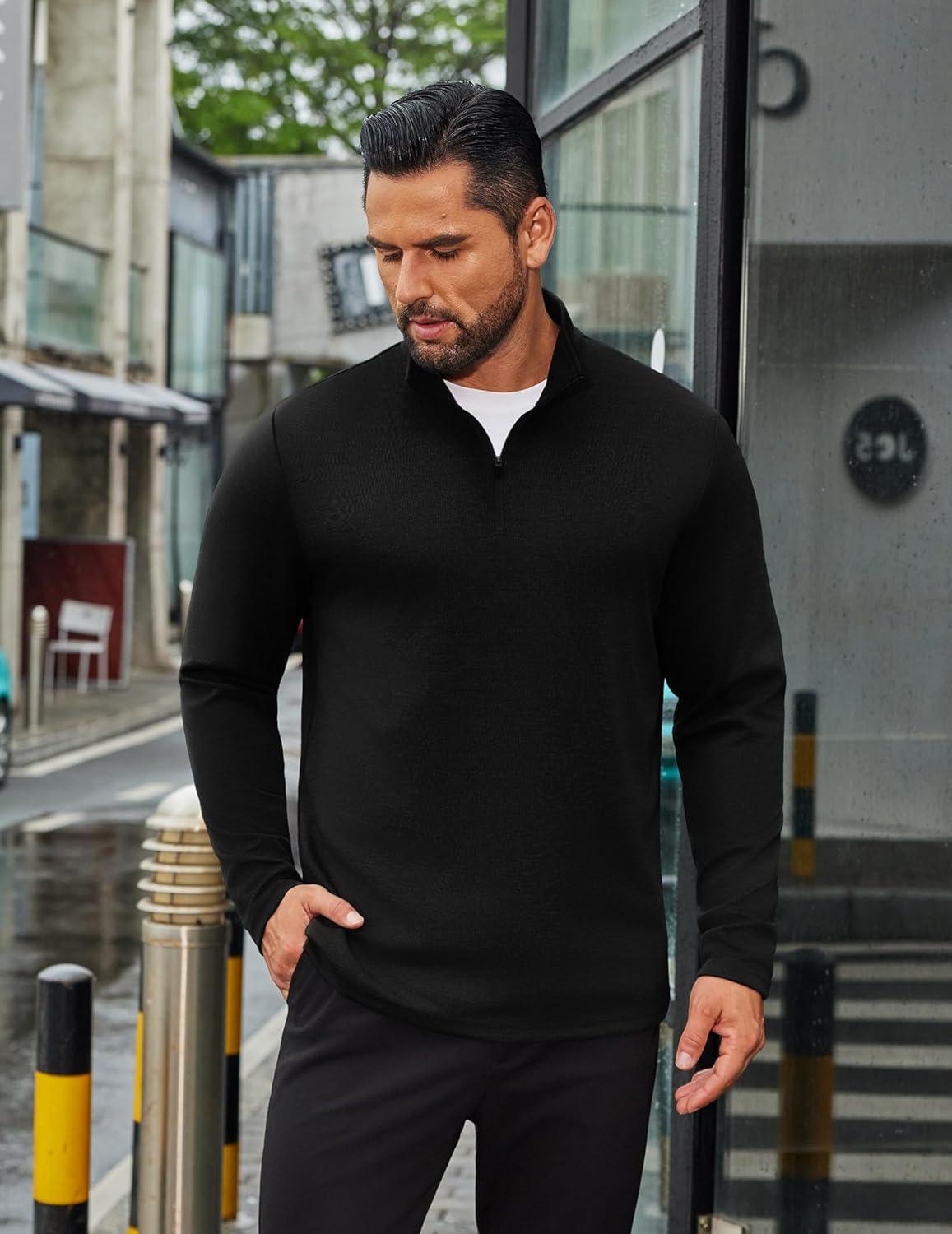imageCOOFANDY Mens Quarter Zip Up Pullover Long Sleeve Sweatshirt Mock Neck Golf Polo SweaterBlack