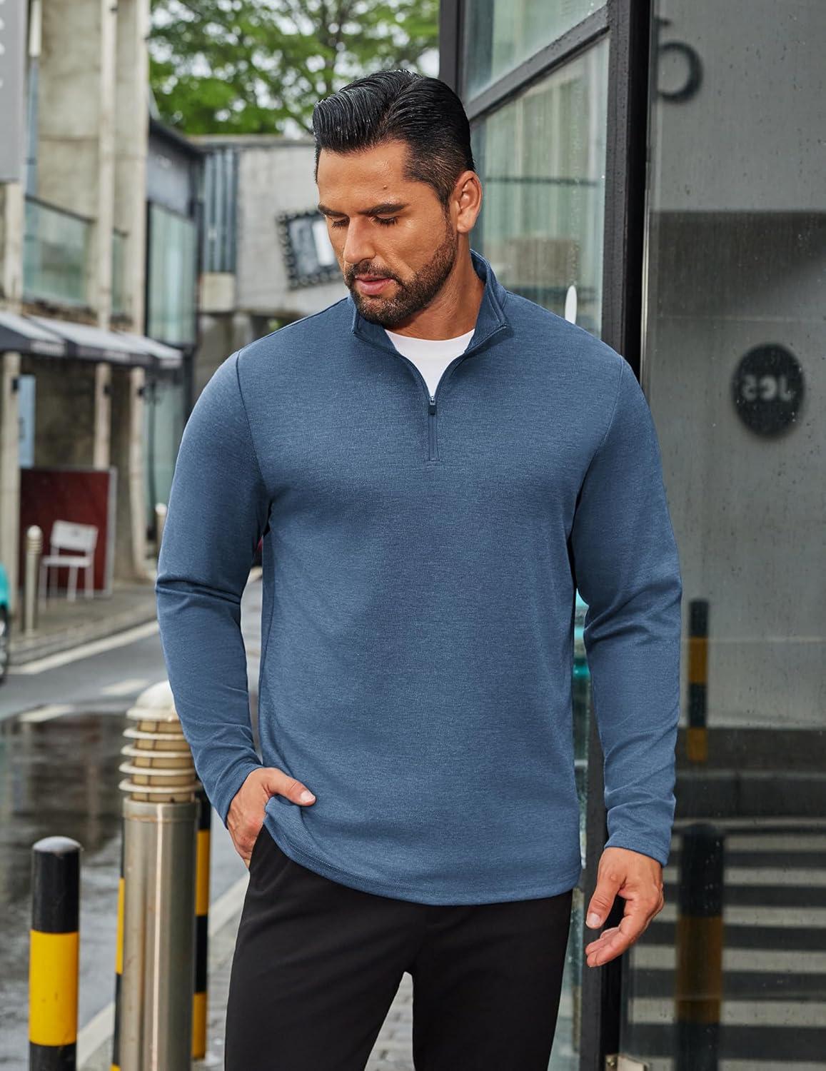 imageCOOFANDY Mens Quarter Zip Up Pullover Long Sleeve Sweatshirt Mock Neck Golf Polo SweaterBlue