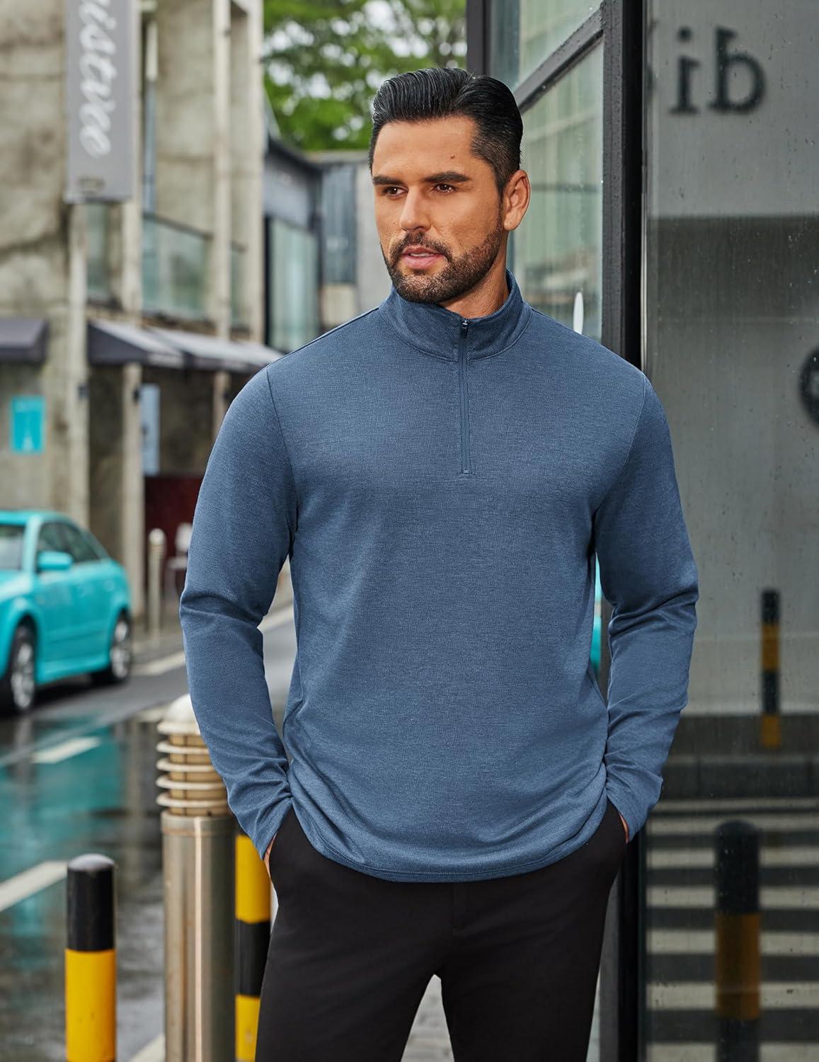 imageCOOFANDY Mens Quarter Zip Up Pullover Long Sleeve Sweatshirt Mock Neck Golf Polo SweaterBlue
