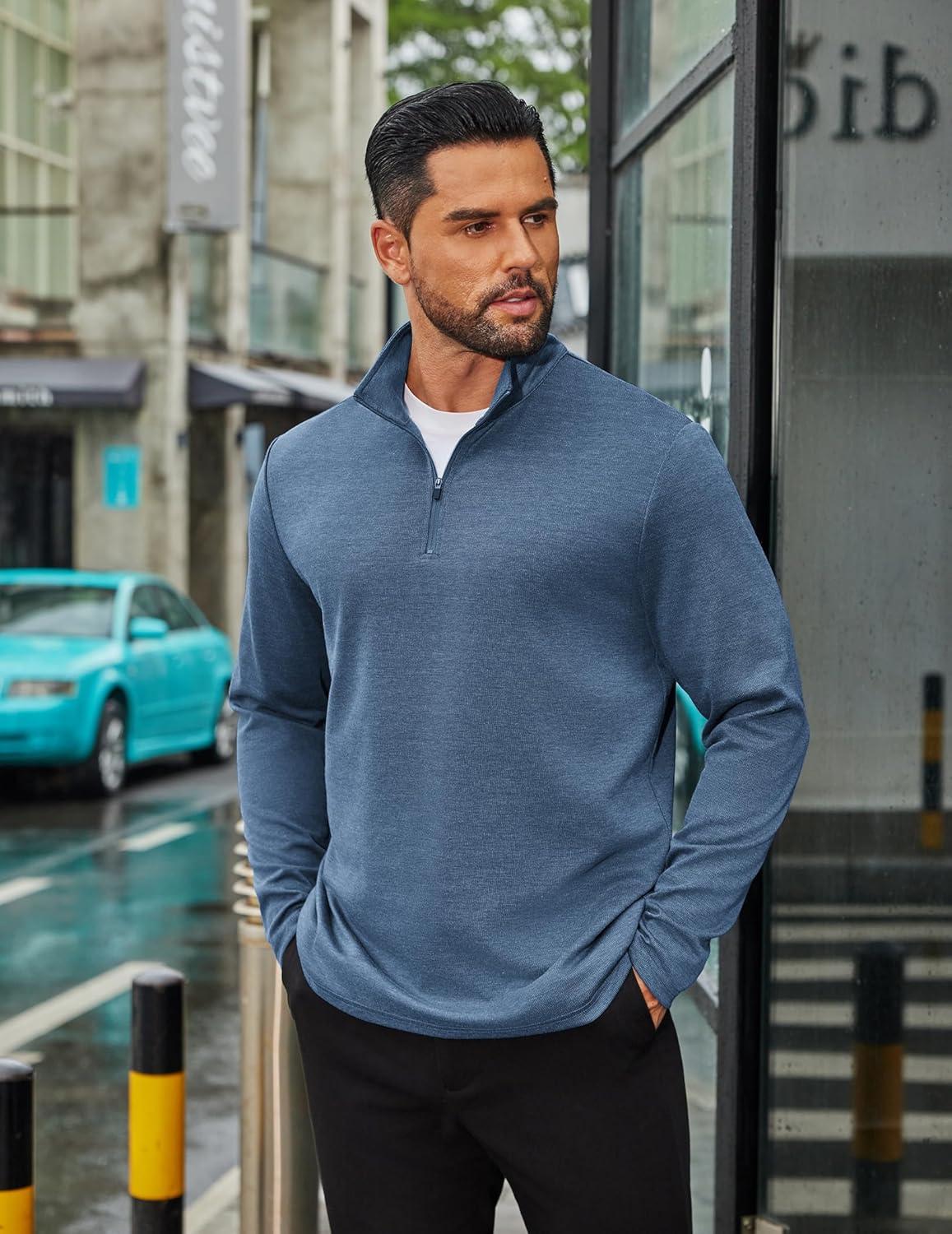 imageCOOFANDY Mens Quarter Zip Up Pullover Long Sleeve Sweatshirt Mock Neck Golf Polo SweaterBlue