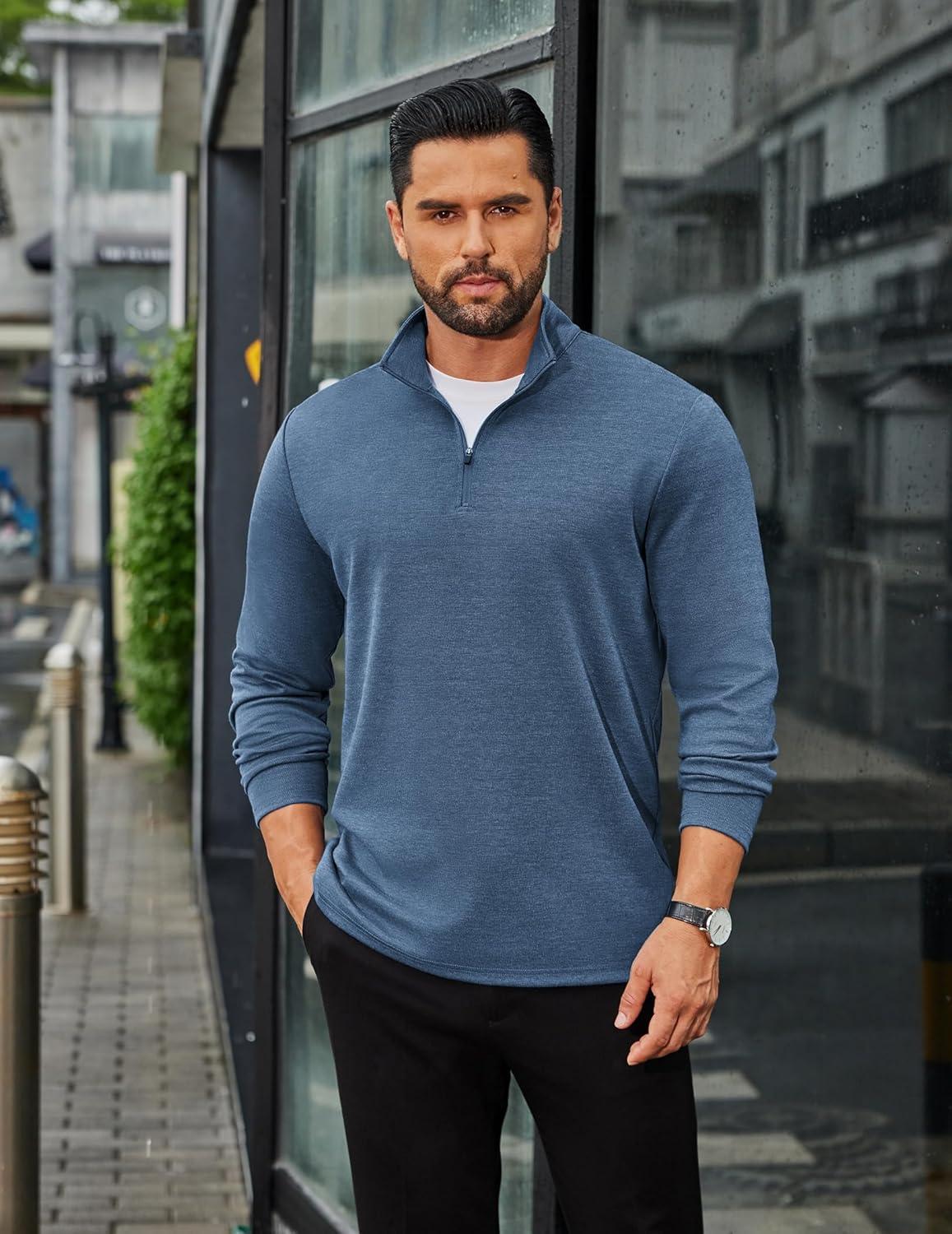 imageCOOFANDY Mens Quarter Zip Up Pullover Long Sleeve Sweatshirt Mock Neck Golf Polo SweaterBlue