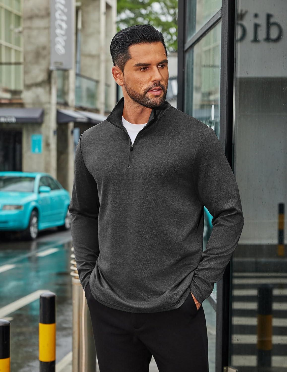 imageCOOFANDY Mens Quarter Zip Up Pullover Long Sleeve Sweatshirt Mock Neck Golf Polo SweaterDark Grey