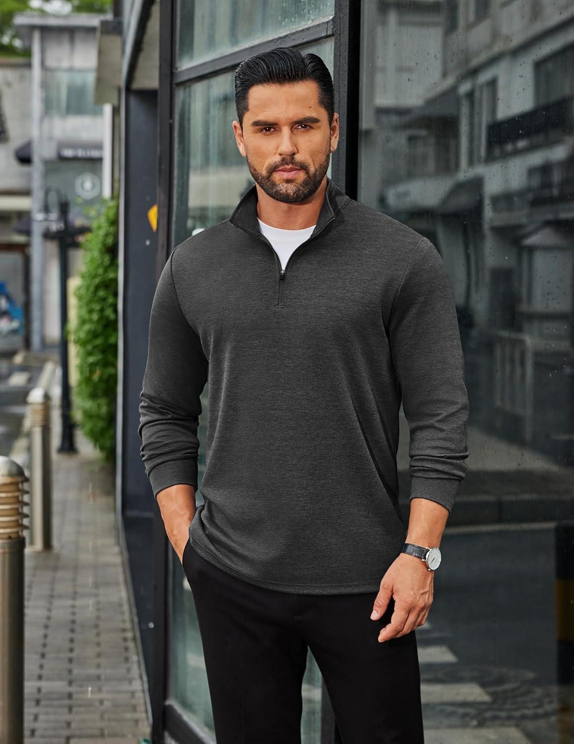 imageCOOFANDY Mens Quarter Zip Up Pullover Long Sleeve Sweatshirt Mock Neck Golf Polo SweaterDark Grey