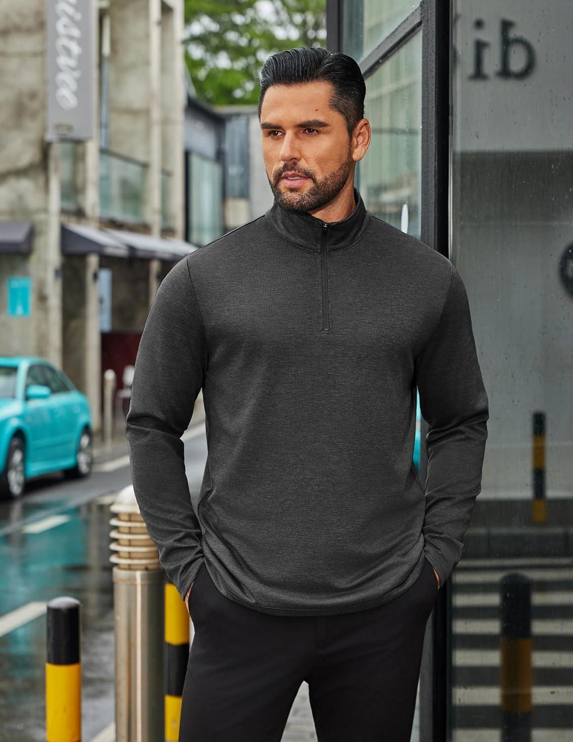 imageCOOFANDY Mens Quarter Zip Up Pullover Long Sleeve Sweatshirt Mock Neck Golf Polo SweaterDark Grey