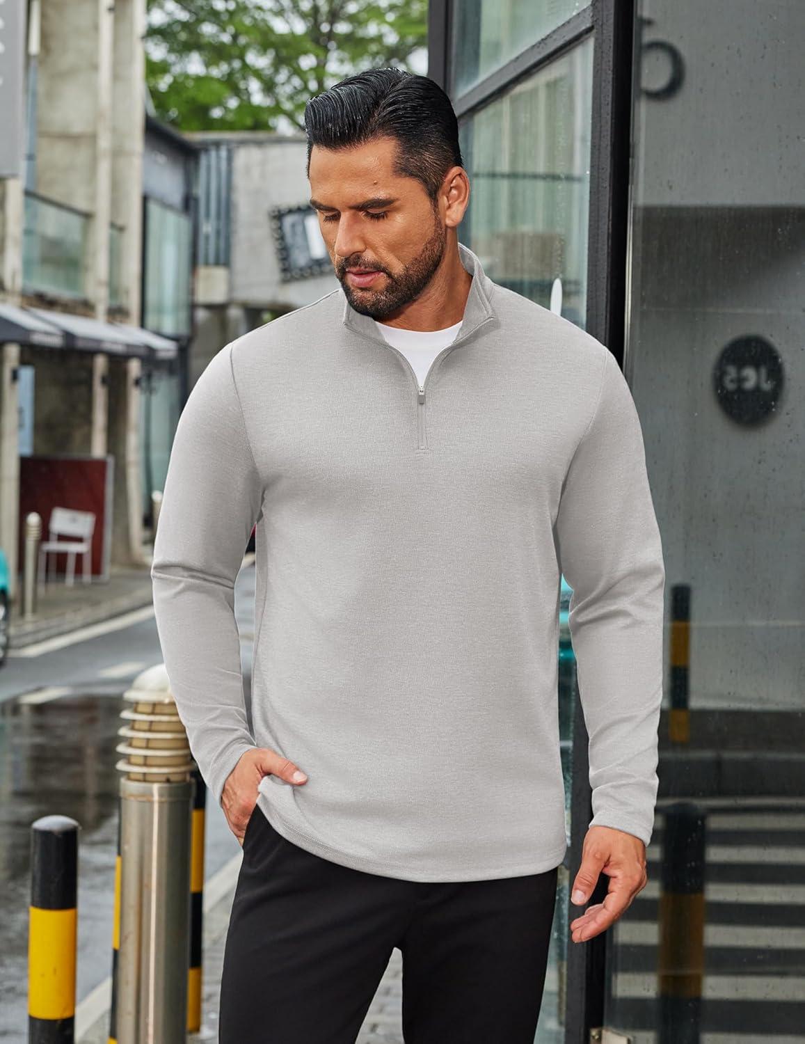 imageCOOFANDY Mens Quarter Zip Up Pullover Long Sleeve Sweatshirt Mock Neck Golf Polo SweaterLight Grey