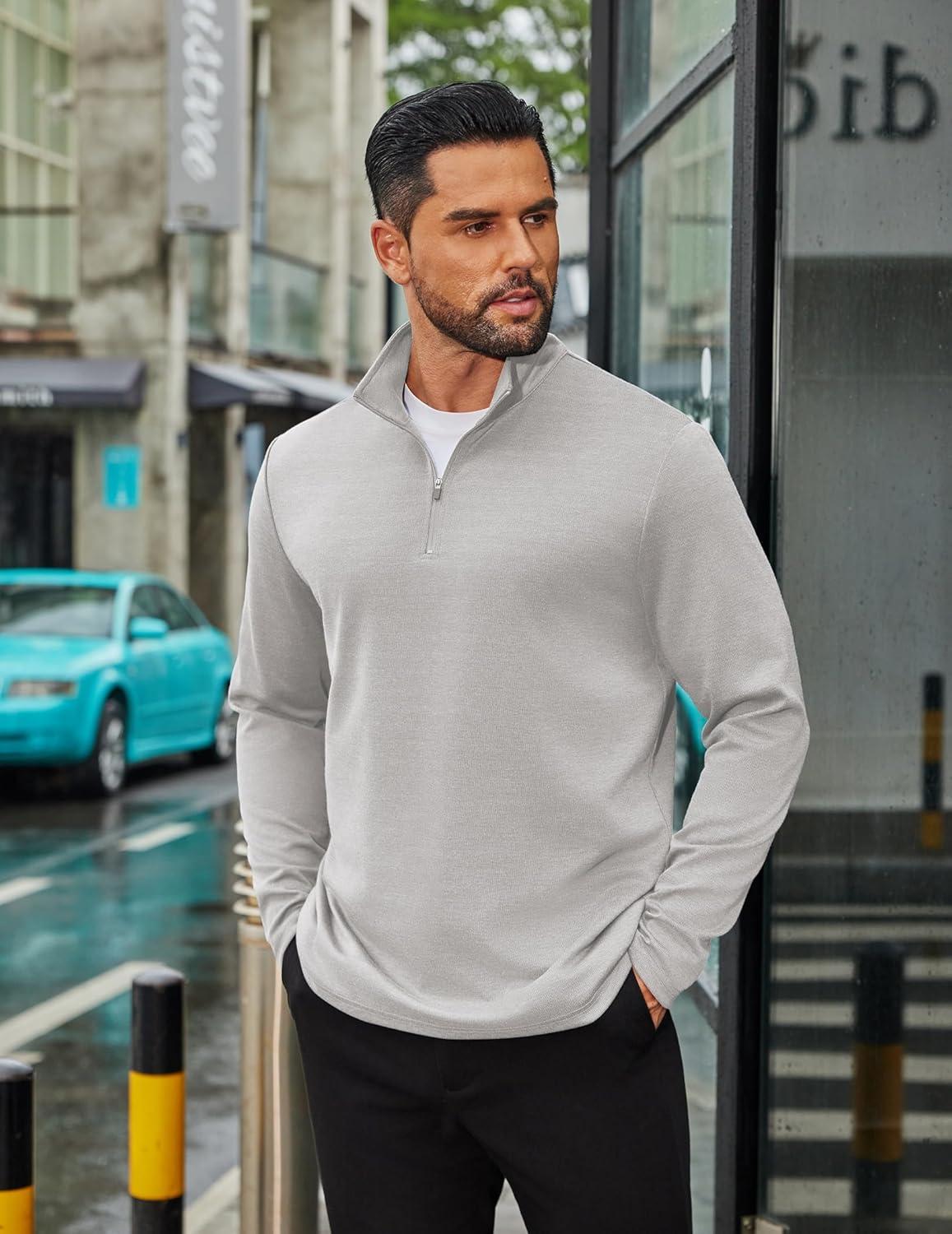 imageCOOFANDY Mens Quarter Zip Up Pullover Long Sleeve Sweatshirt Mock Neck Golf Polo SweaterLight Grey