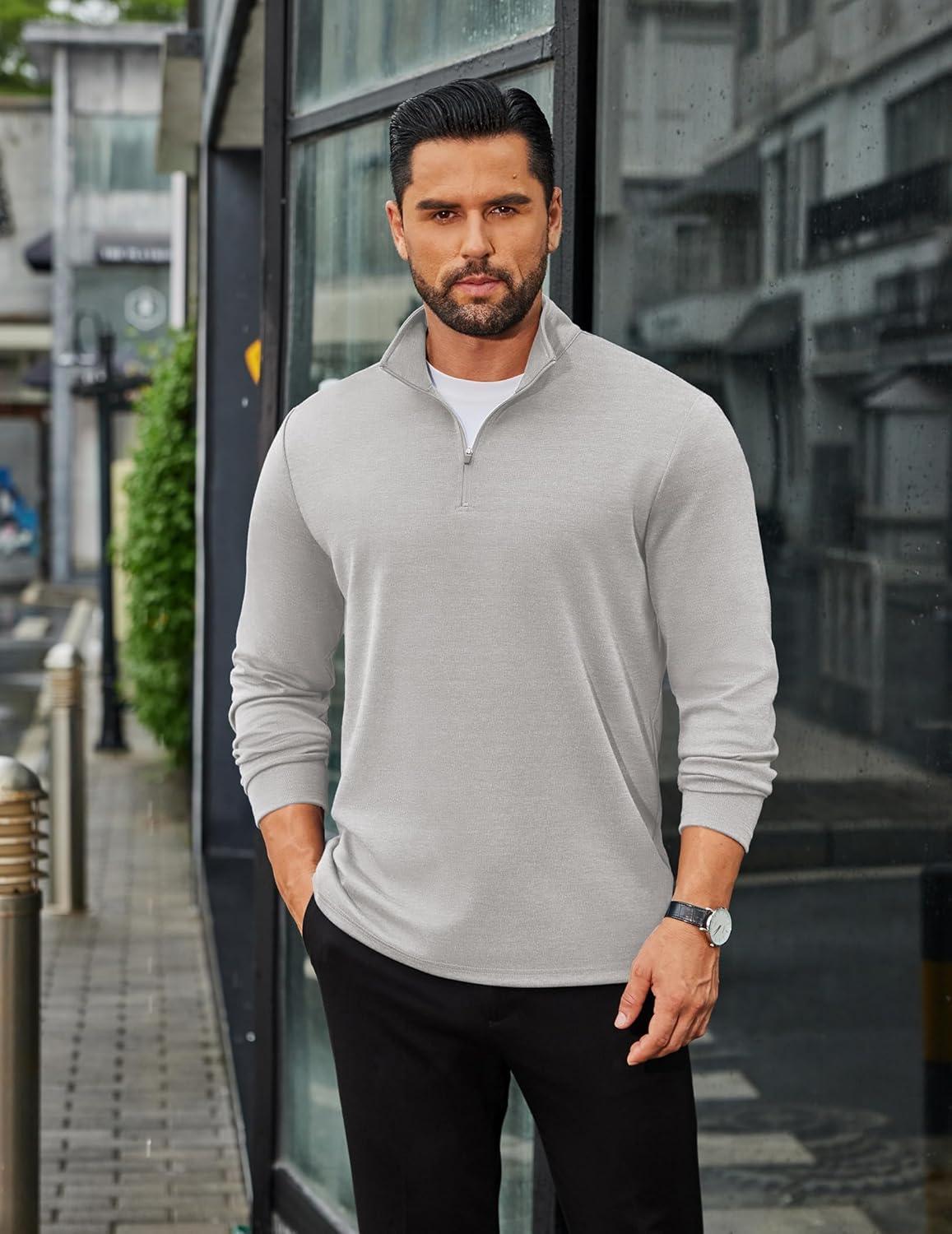 imageCOOFANDY Mens Quarter Zip Up Pullover Long Sleeve Sweatshirt Mock Neck Golf Polo SweaterLight Grey