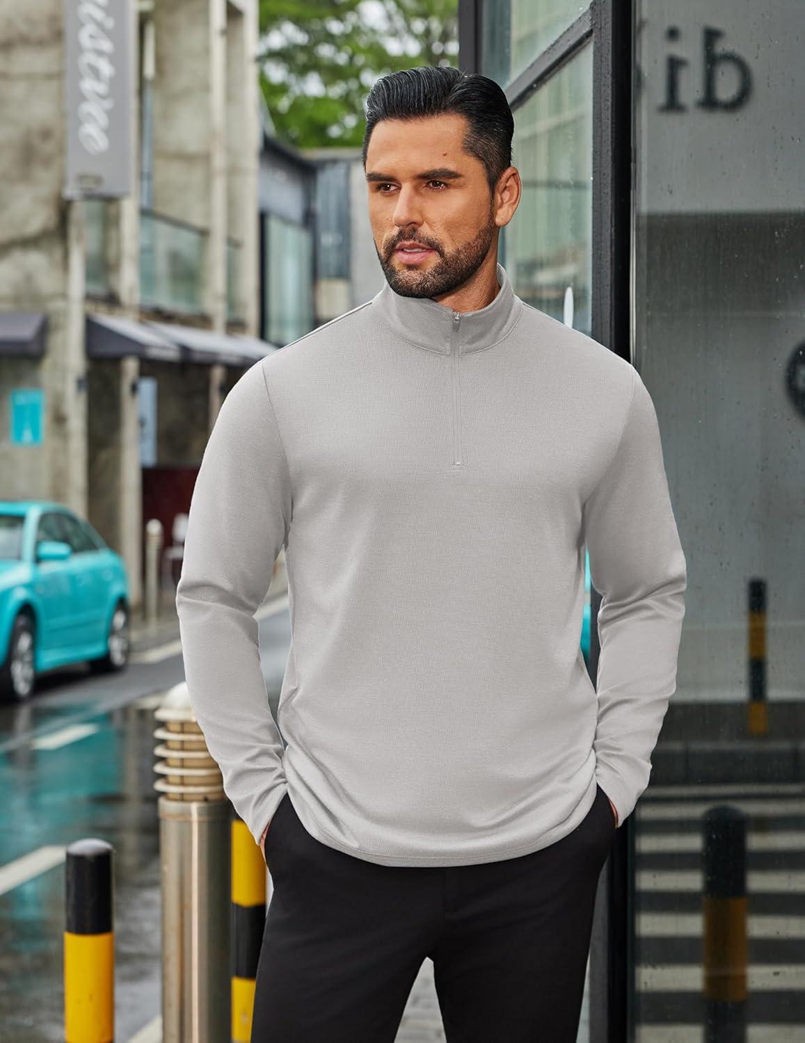 imageCOOFANDY Mens Quarter Zip Up Pullover Long Sleeve Sweatshirt Mock Neck Golf Polo SweaterLight Grey