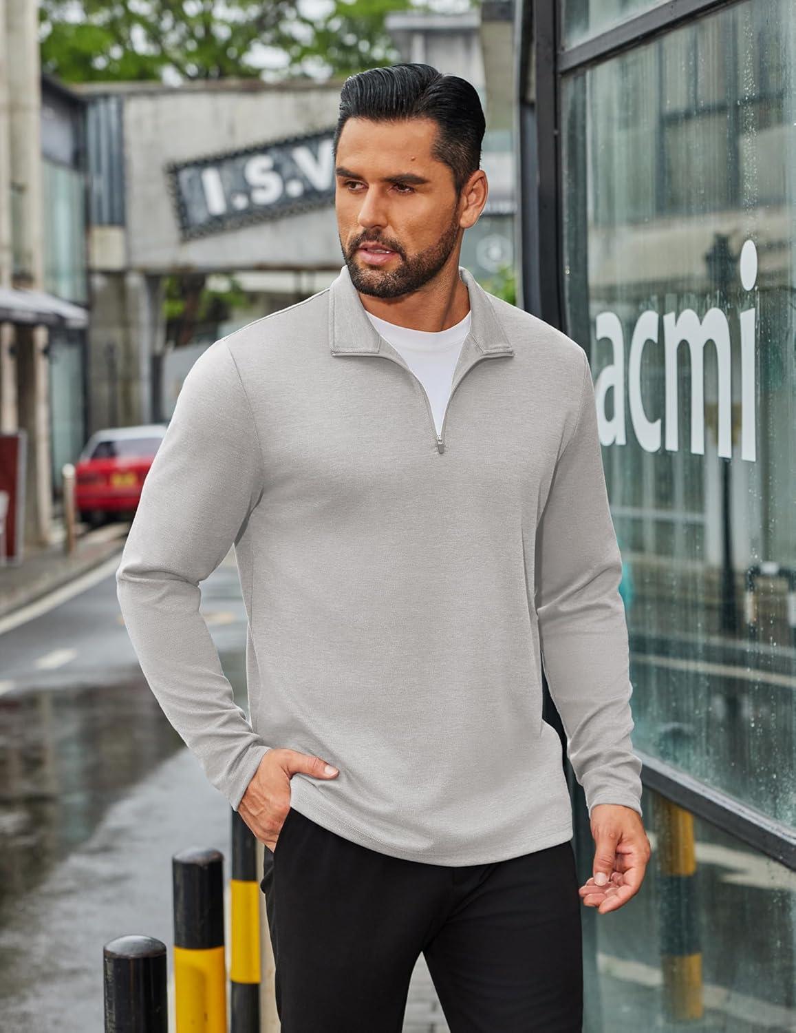 imageCOOFANDY Mens Quarter Zip Up Pullover Long Sleeve Sweatshirt Mock Neck Golf Polo SweaterLight Grey