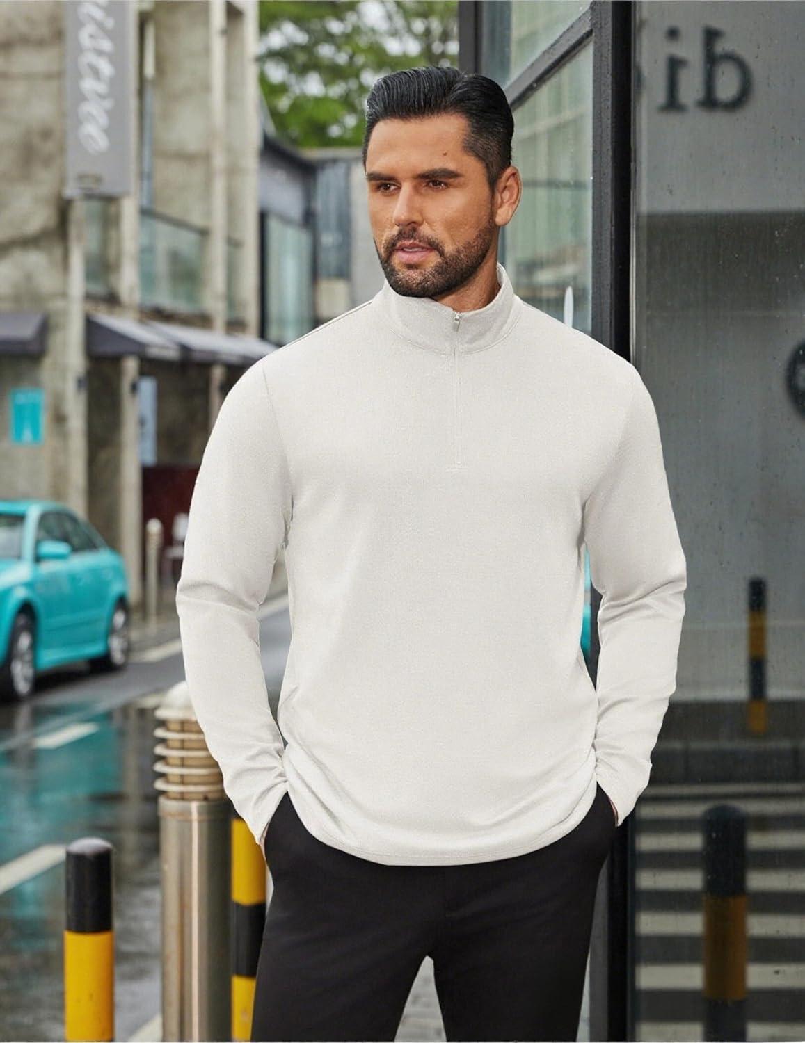 imageCOOFANDY Mens Quarter Zip Up Pullover Long Sleeve Sweatshirt Mock Neck Golf Polo SweaterWhite