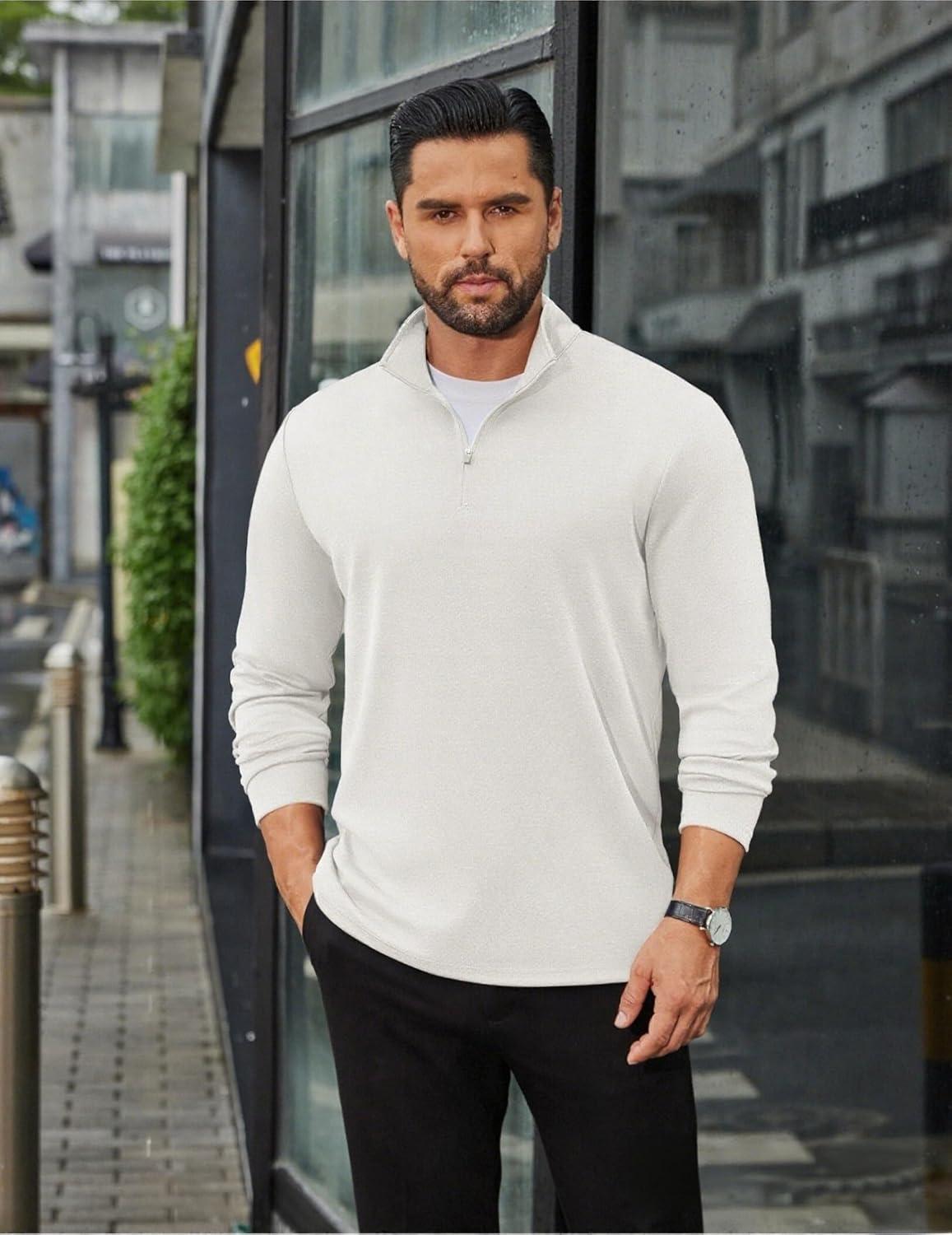 imageCOOFANDY Mens Quarter Zip Up Pullover Long Sleeve Sweatshirt Mock Neck Golf Polo SweaterWhite