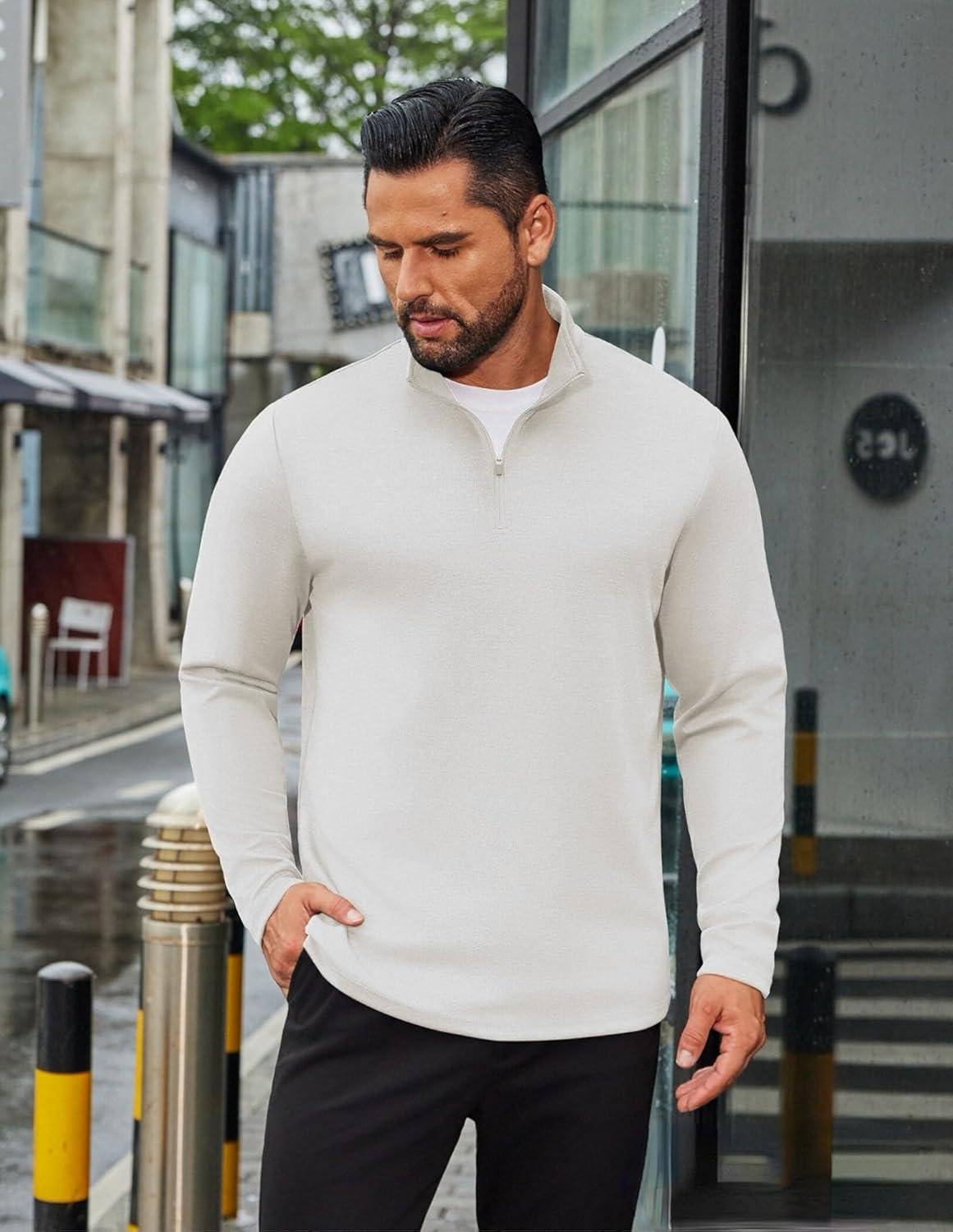 imageCOOFANDY Mens Quarter Zip Up Pullover Long Sleeve Sweatshirt Mock Neck Golf Polo SweaterWhite