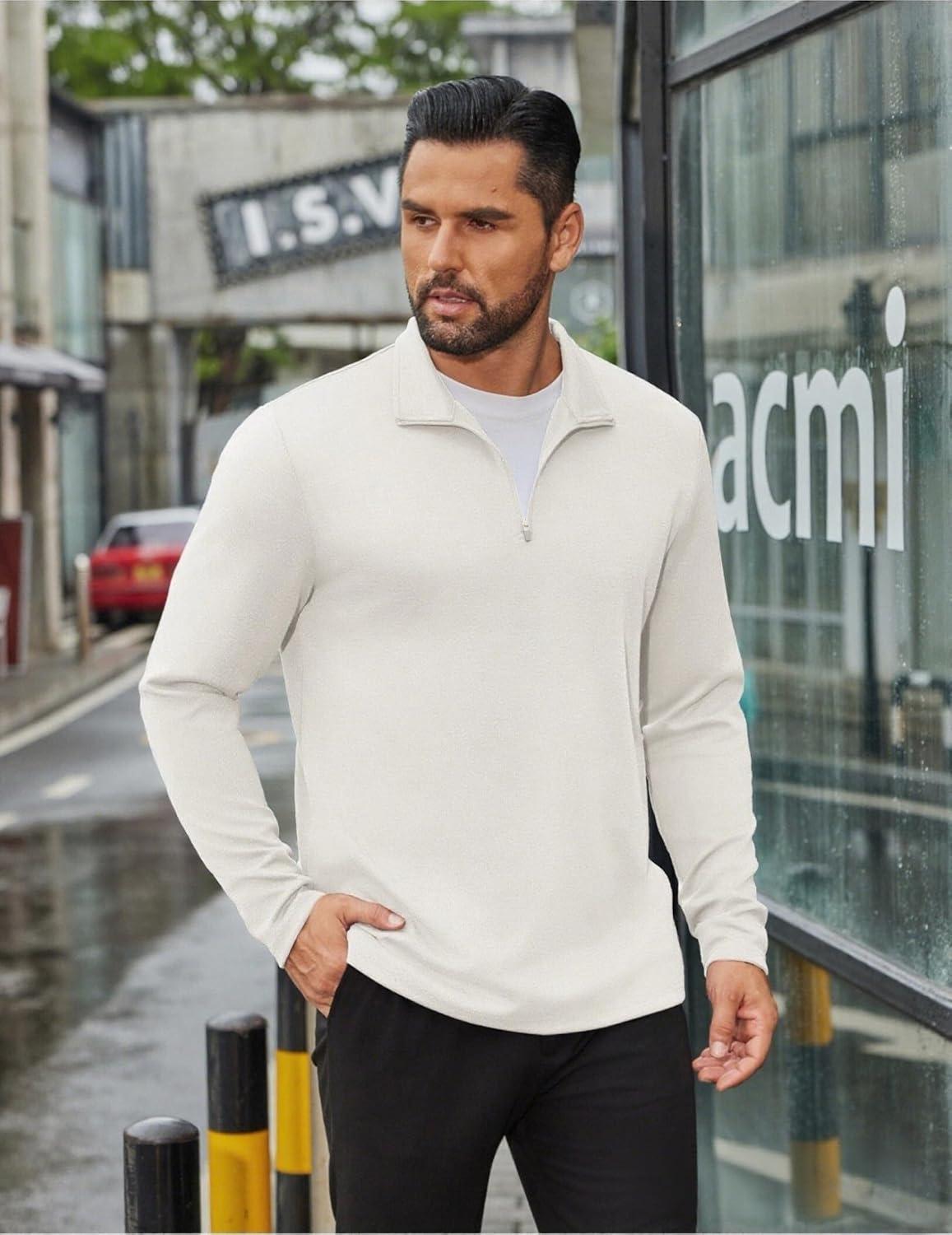 imageCOOFANDY Mens Quarter Zip Up Pullover Long Sleeve Sweatshirt Mock Neck Golf Polo SweaterWhite