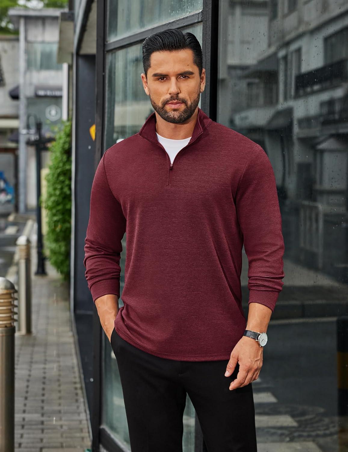 imageCOOFANDY Mens Quarter Zip Up Pullover Long Sleeve Sweatshirt Mock Neck Golf Polo SweaterWine Red