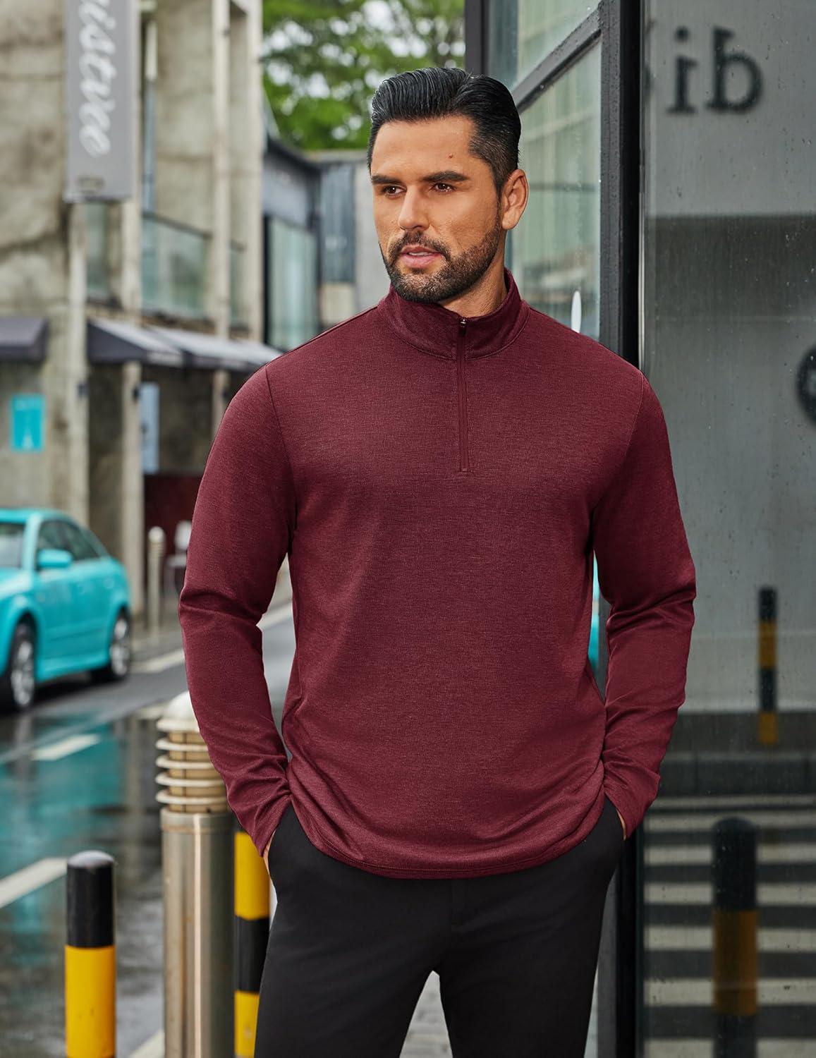 imageCOOFANDY Mens Quarter Zip Up Pullover Long Sleeve Sweatshirt Mock Neck Golf Polo SweaterWine Red