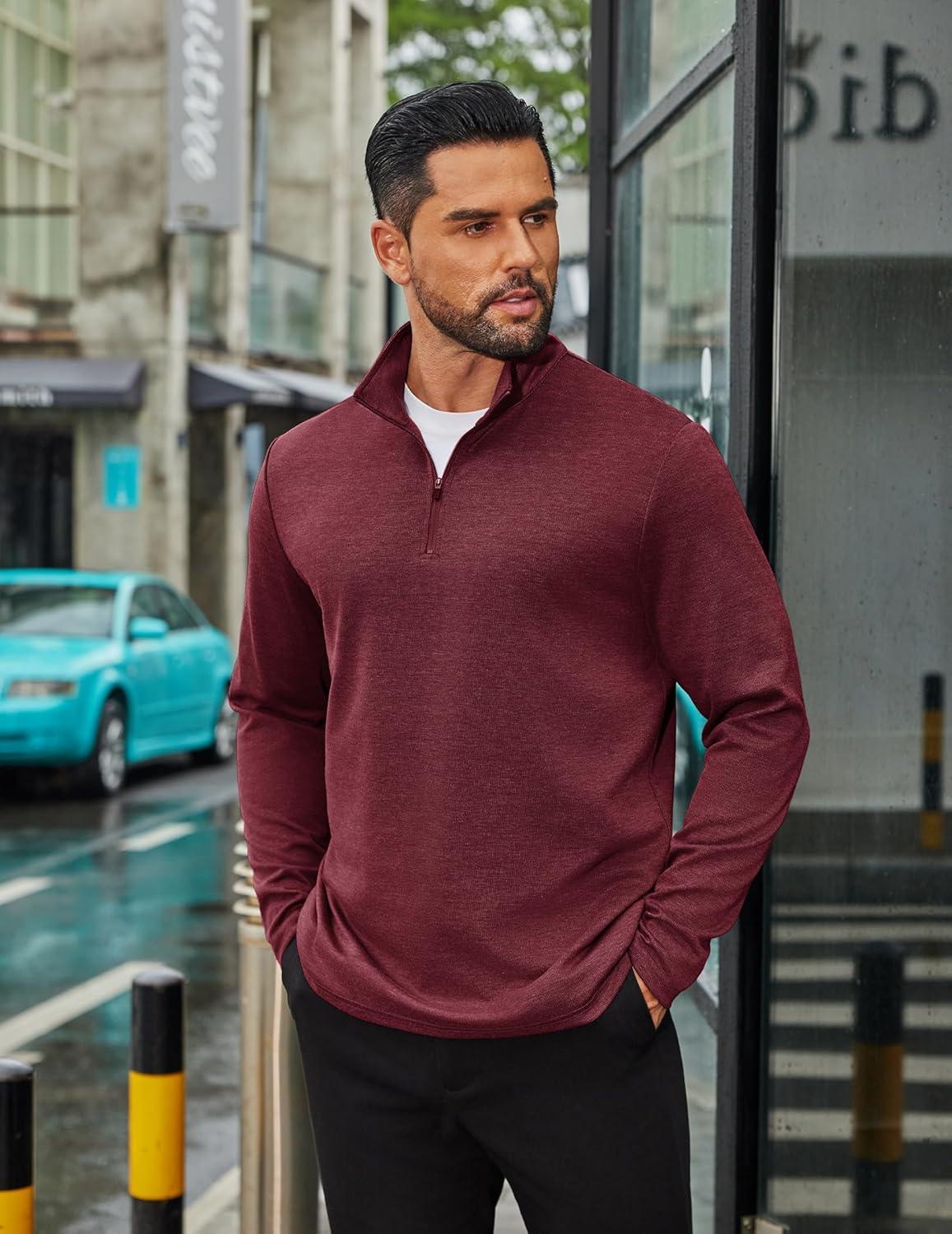 imageCOOFANDY Mens Quarter Zip Up Pullover Long Sleeve Sweatshirt Mock Neck Golf Polo SweaterWine Red