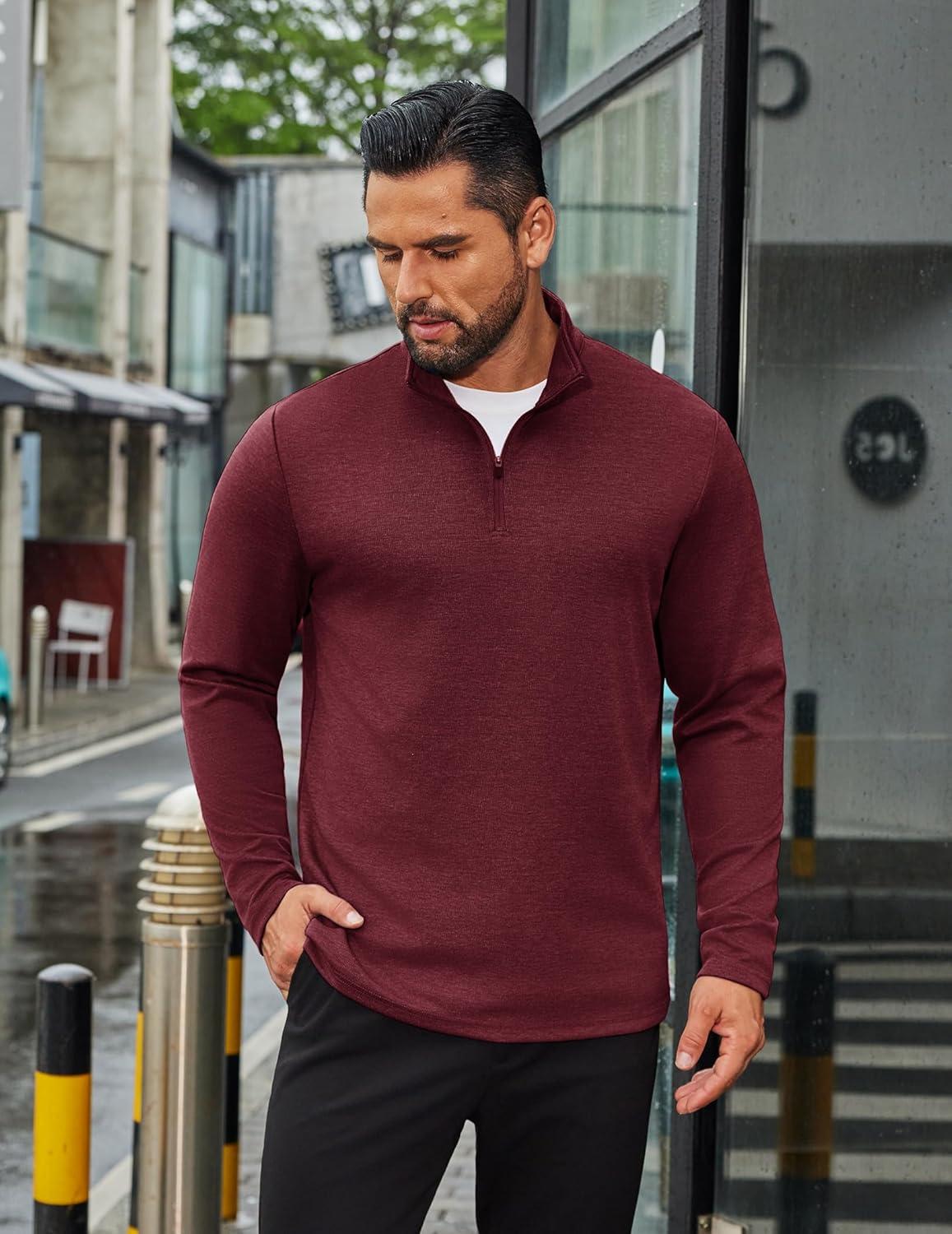 imageCOOFANDY Mens Quarter Zip Up Pullover Long Sleeve Sweatshirt Mock Neck Golf Polo SweaterWine Red